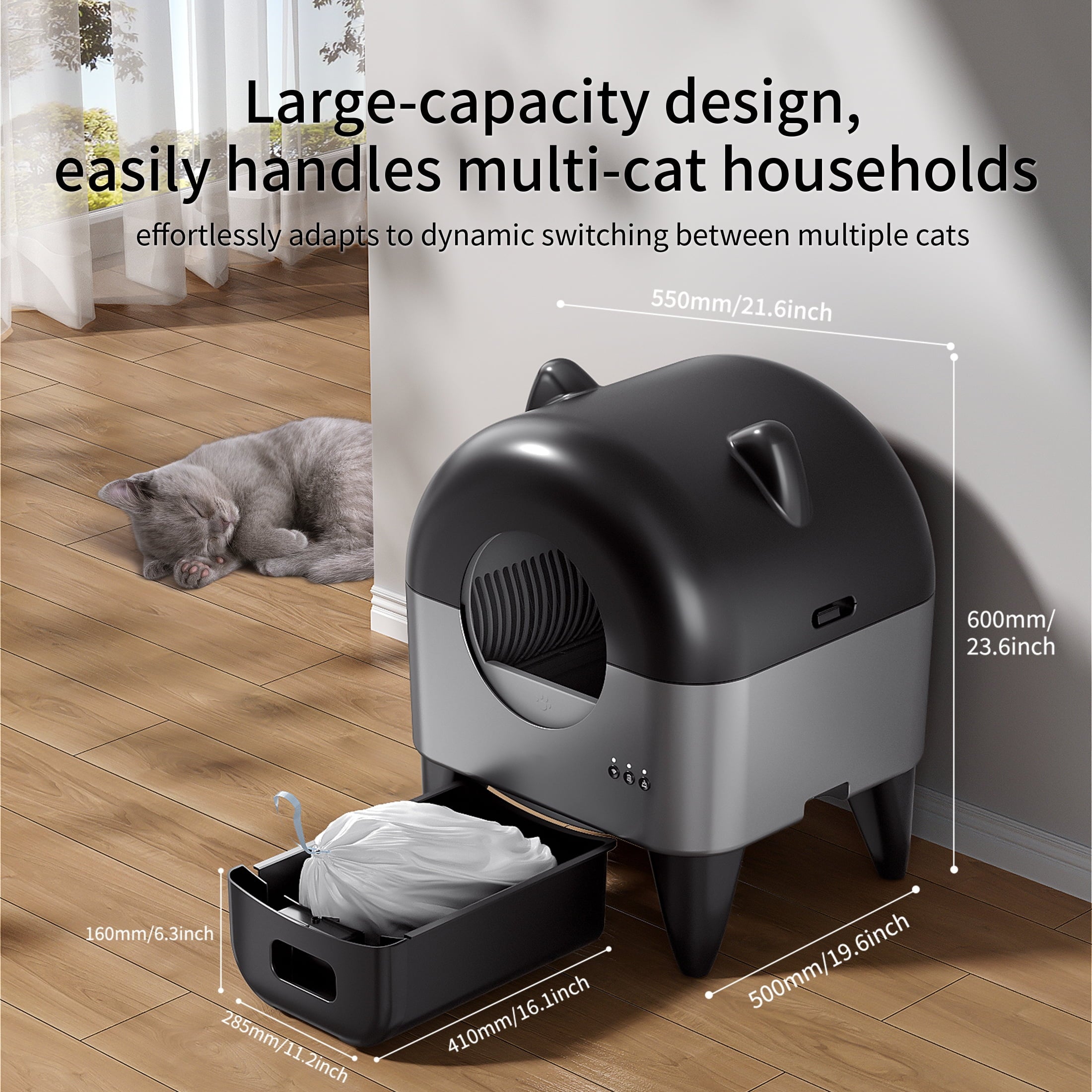 OUDOSPRS Automatic Cat Litter Box, Safety Protection Self Cleaning Litter Box for Multiple Cats with Deodorizer & Mat & Liner, Double Odor Removal