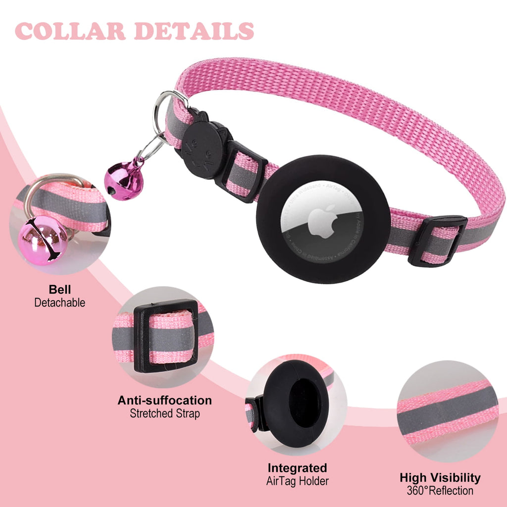Airtag Pet Collar Breakaway with Bell, Reflective Collar with Waterproof Airtag Holder Tracker Pet Collars for Kittens And Puppies (Pink)