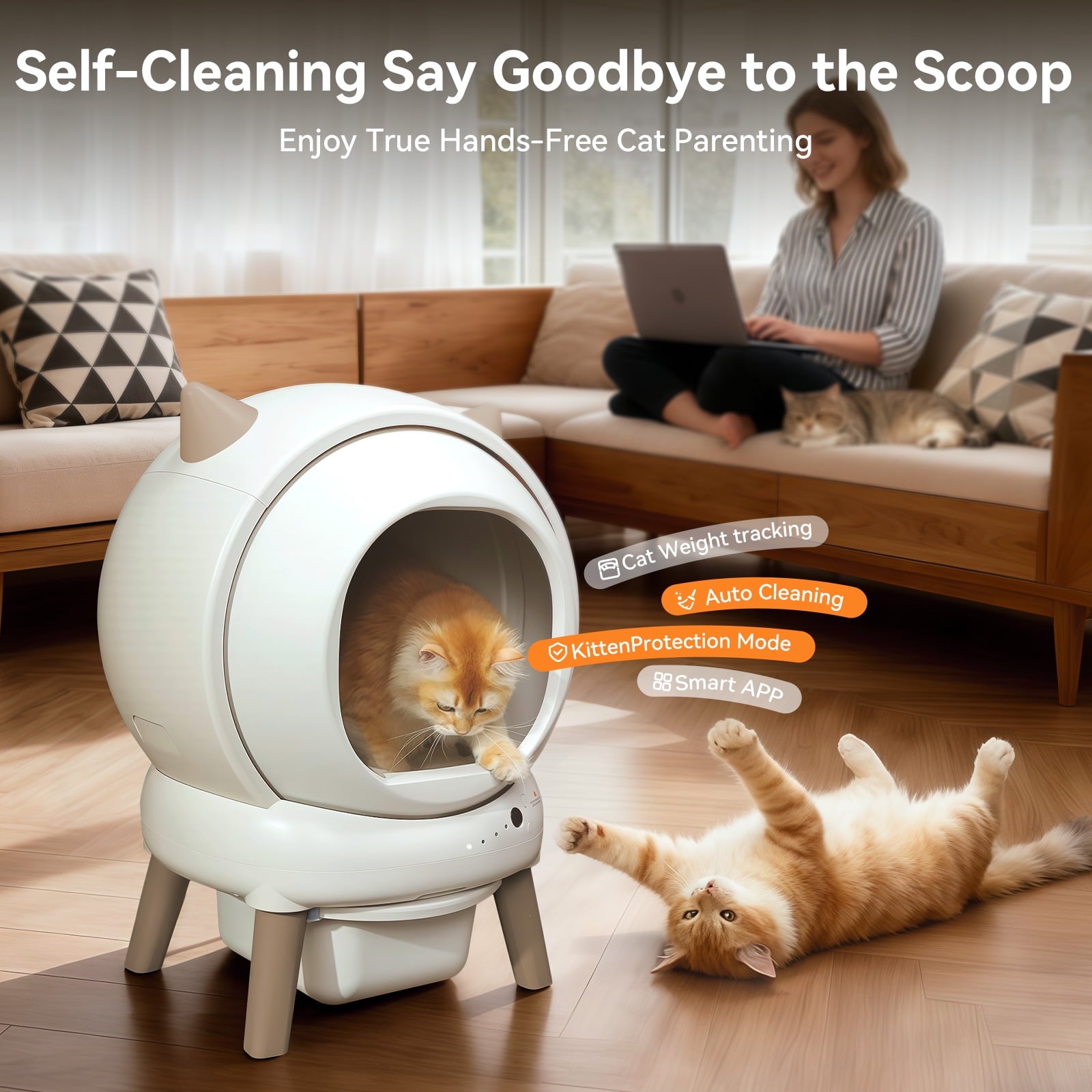Self Cleaning Litter Box - E2 Automatic Cat Litter Box Large Smart Self Cleaning Robot for Cats,Double Safety Protection,App Control,2 Roll Garbage Bags & Mat