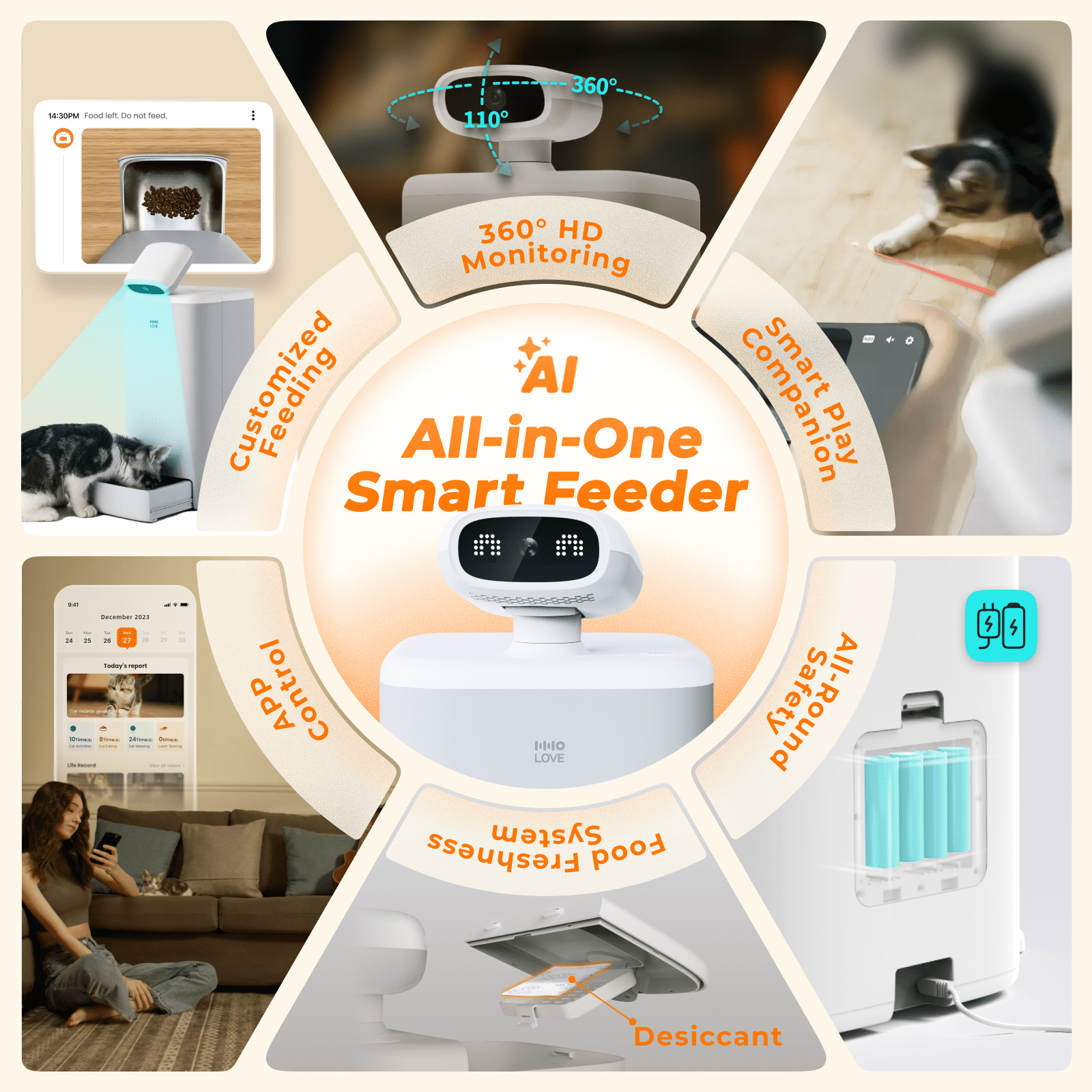 HHOLOVE Automatic Cat Feeder with 360°, 2K HD Video, Night Vision & 2-Way Audio, 5G Dispenser for Cats