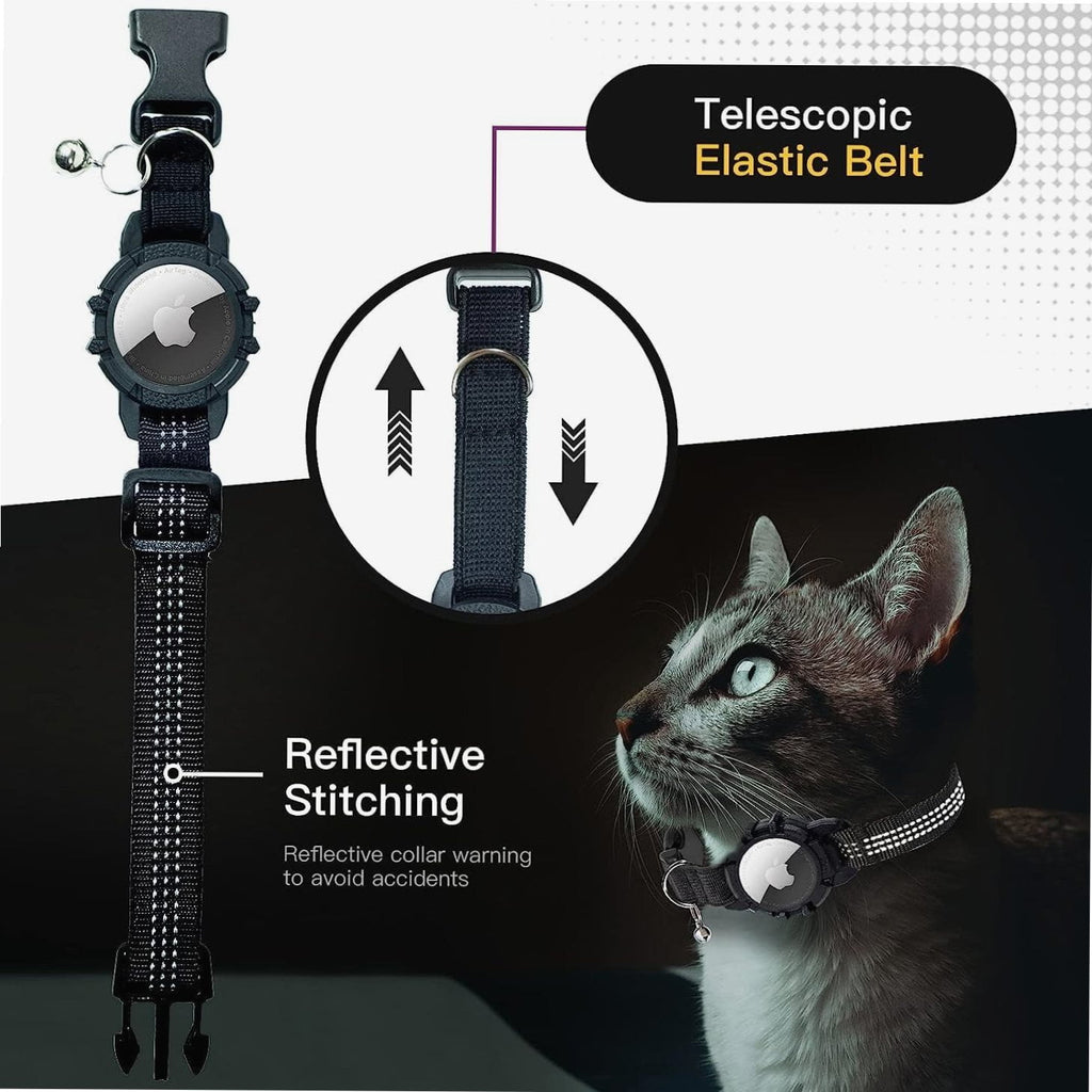 Airtag Cat Collar, New Integrated Apple Air Tag Cat Collar, Reflective Cat Collar with AirTag Holder and Bell, Cat Collar for Girls Boys Cats, Kittens and Puppies (Black) 9in-13in