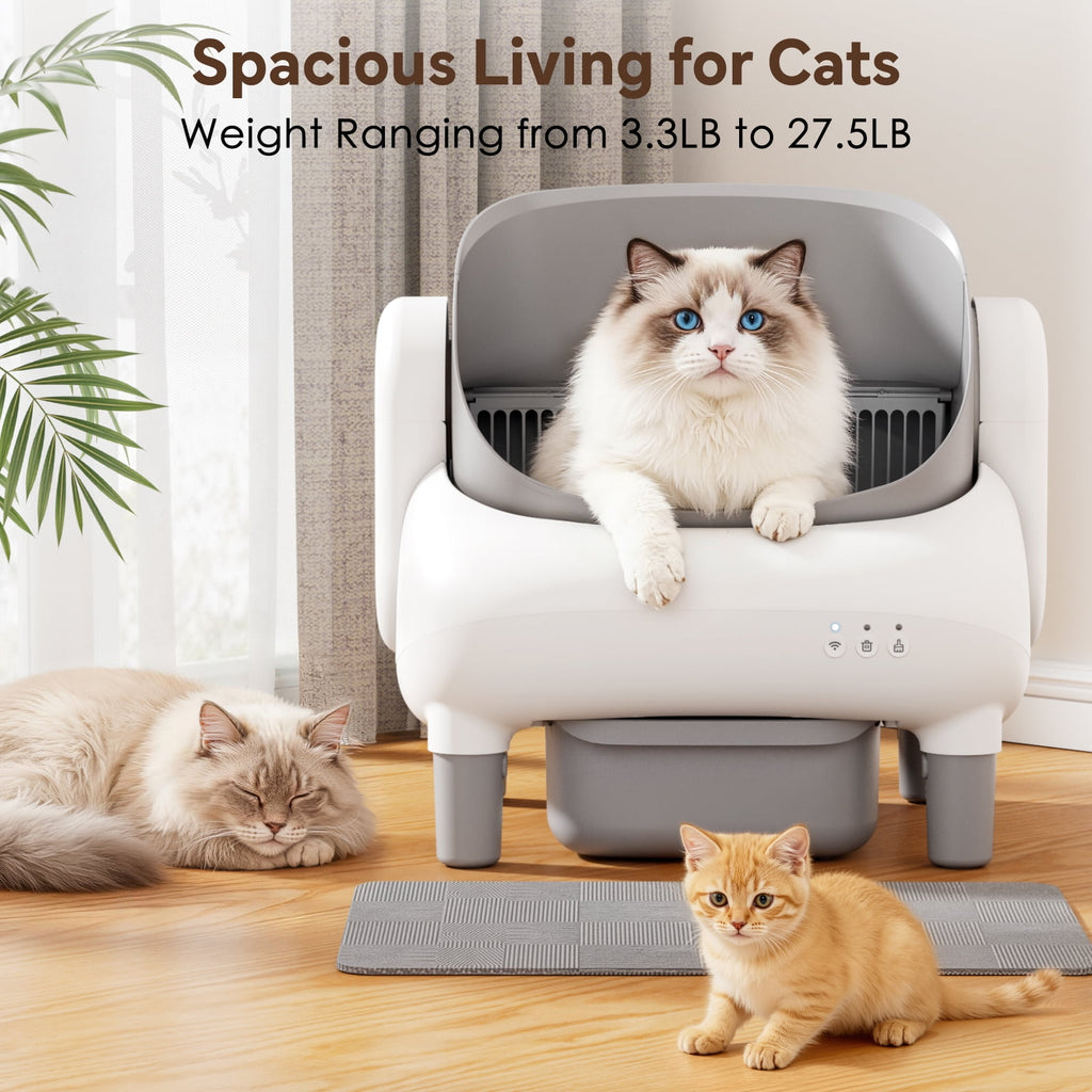 Self Cleaning Litter Box, 95 L Automatic Cat Litter Box Self Cleaning for Multiple Cats, with Safety Protection, App Control,1 Roll Garbage Bags,White & Grey