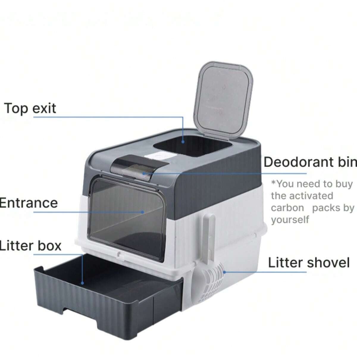 Fully enclosed cat litter box, drawer cat litter box design, reduce odor and cat litter splash, cats can enter from the bottom door and exit from the top, recommended for cats under 6kg/13 pounds