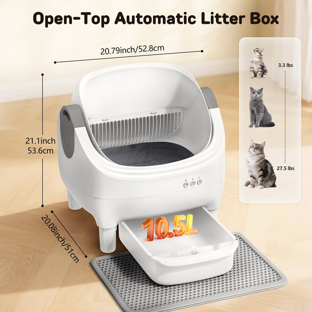 Osoeri 10L Open-Top Automatic Self-Cleaning Large Cat Litter Box,App Control,Safety Sensors & Odor-Free for Multi-Cat Homes.