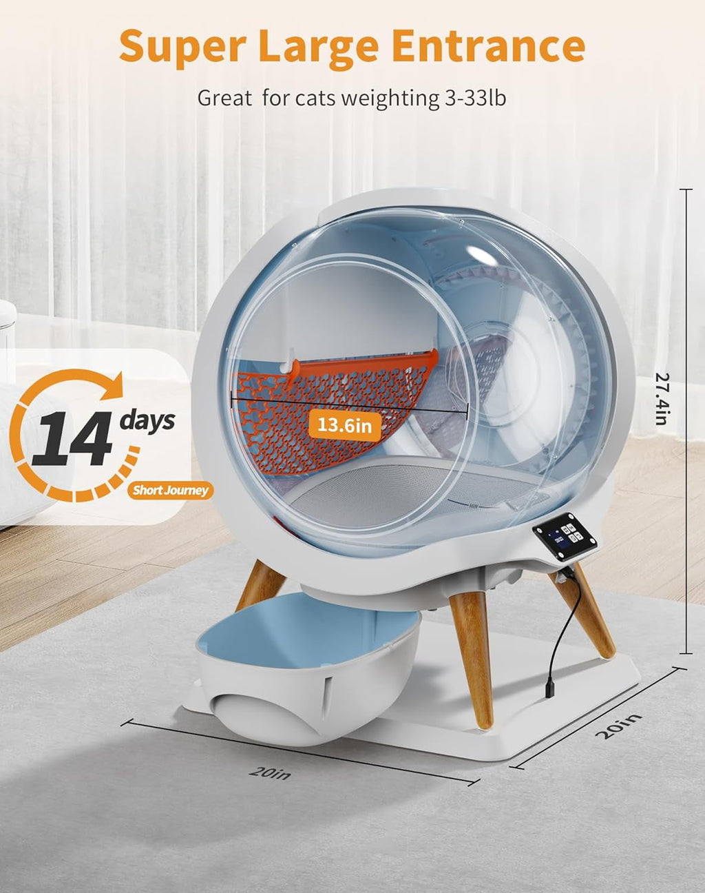 HoneyGuaridan Self Cleaning Cat Litter Box,IPX5 Waterproof Automatic Cat Litter Box,App Control, Odourless, Integrated Safety Protection, Water Rinsable and Easy to Clean, for Multiple Cats (3-33lb)