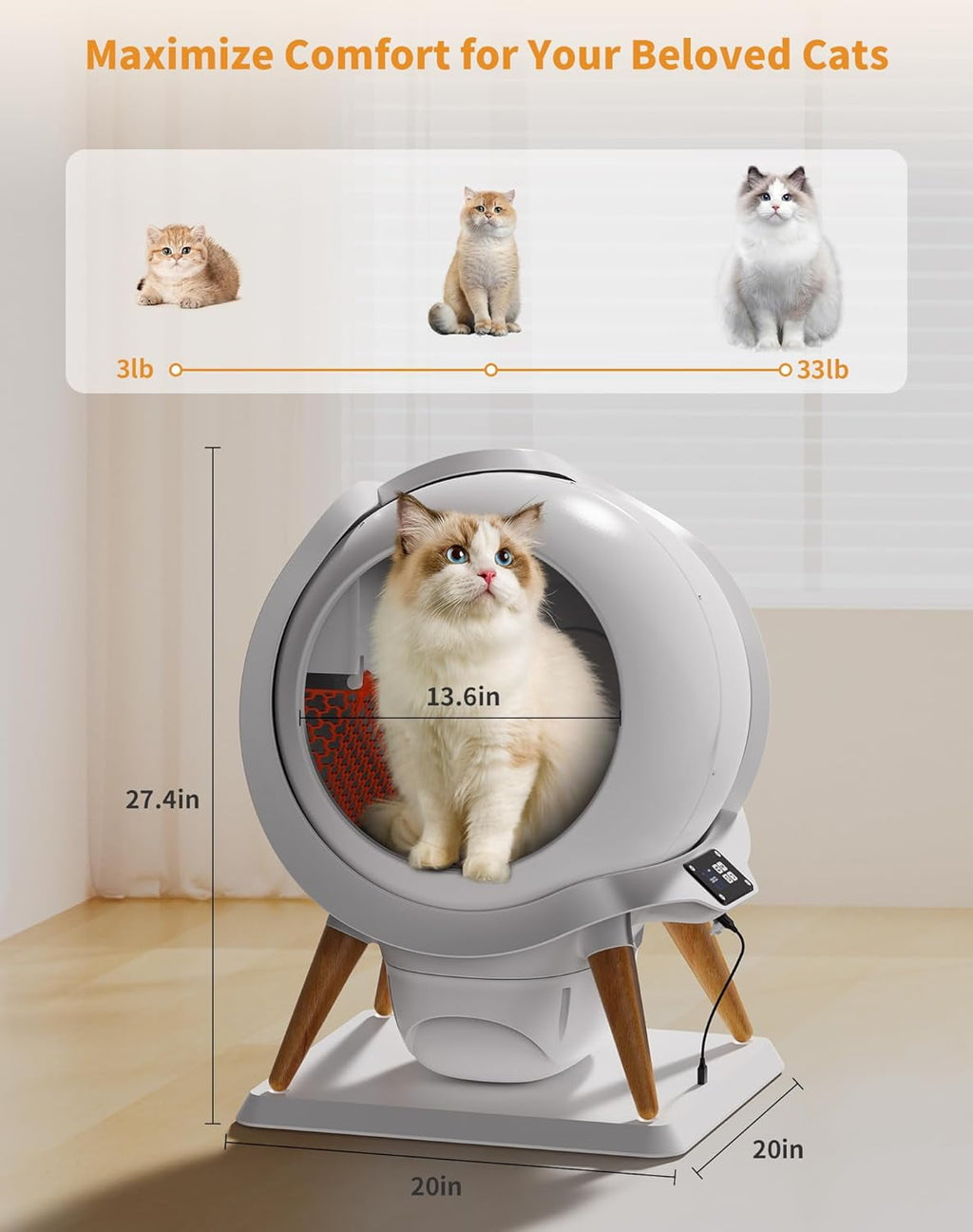 HoneyGuaridan Self Cleaning Cat Litter Box,IPX5 Waterproof Automatic Cat Litter Box,App Control, Odourless, Integrated Safety Protection, Water Rinsable and Easy to Clean, for Multiple Cats (3-33lb)