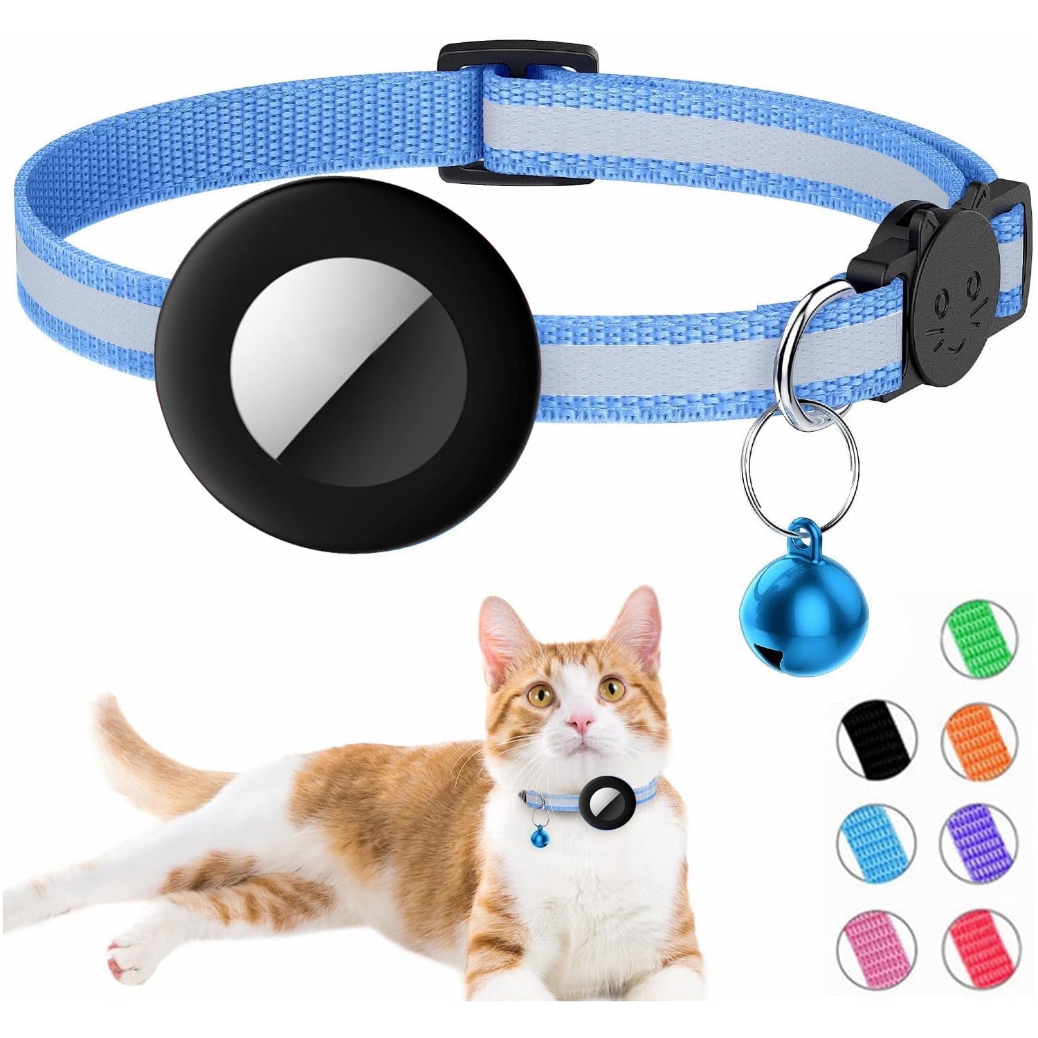 Airtag Cat Collar Breakaway, (GPS Not Included)Reflective Kitten Collar with Apple Air Tag Holder and Bell for Girl Boy Cats, 0.4 Inches in Width and Lightweight(Sky Blue)