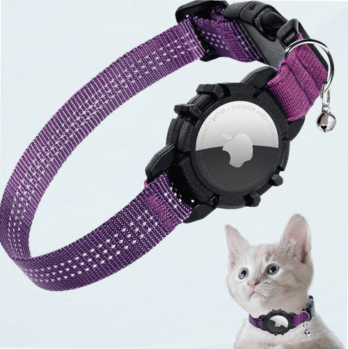 Airtag Cat Collar, New Integrated Apple Air Tag Cat Collar, Reflective Cat Collar with AirTag Holder and Bell, Cat Collar for Girls Boys Cats, Kittens and Puppies (Purple)