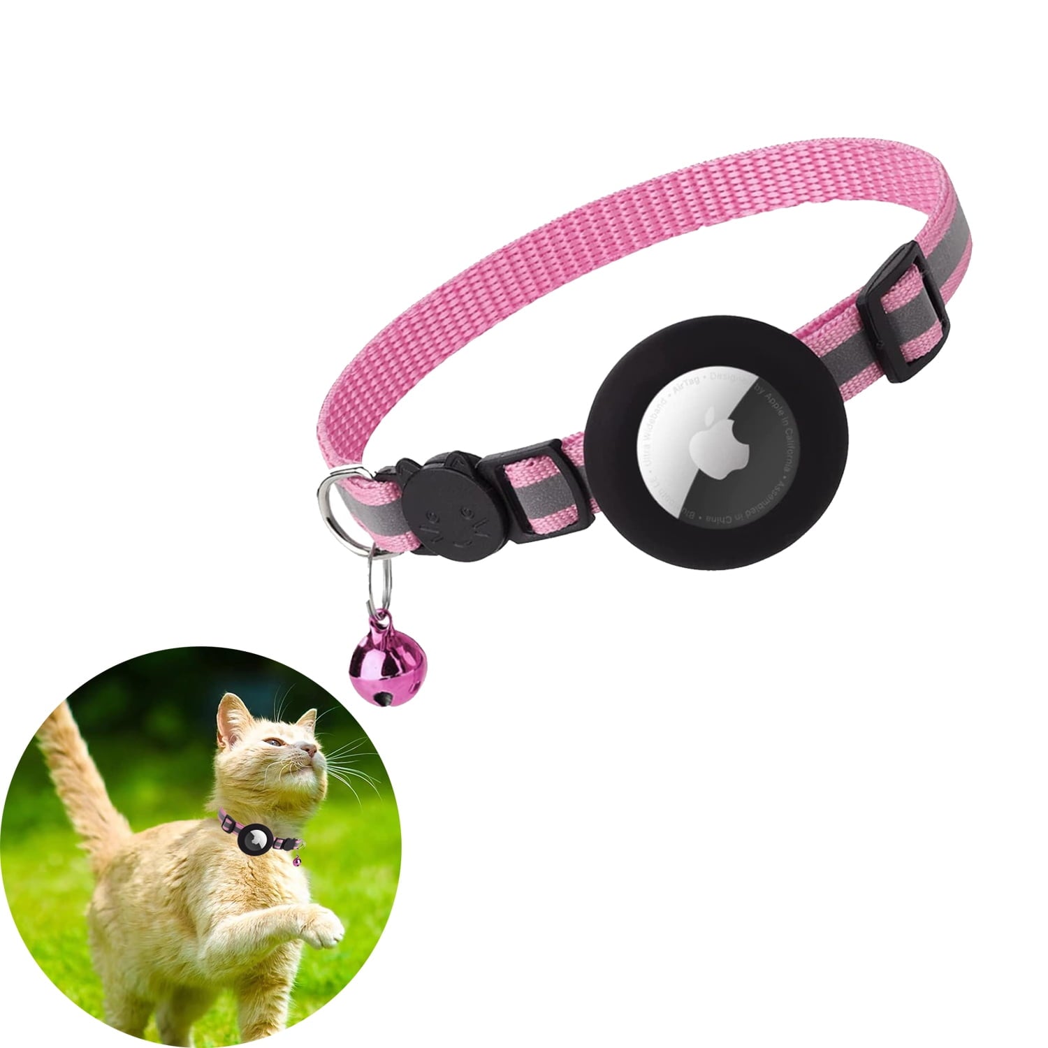 Airtag Pet Collar Breakaway with Bell, Reflective Collar with Waterproof Airtag Holder Tracker Pet Collars for Kittens And Puppies (Pink)