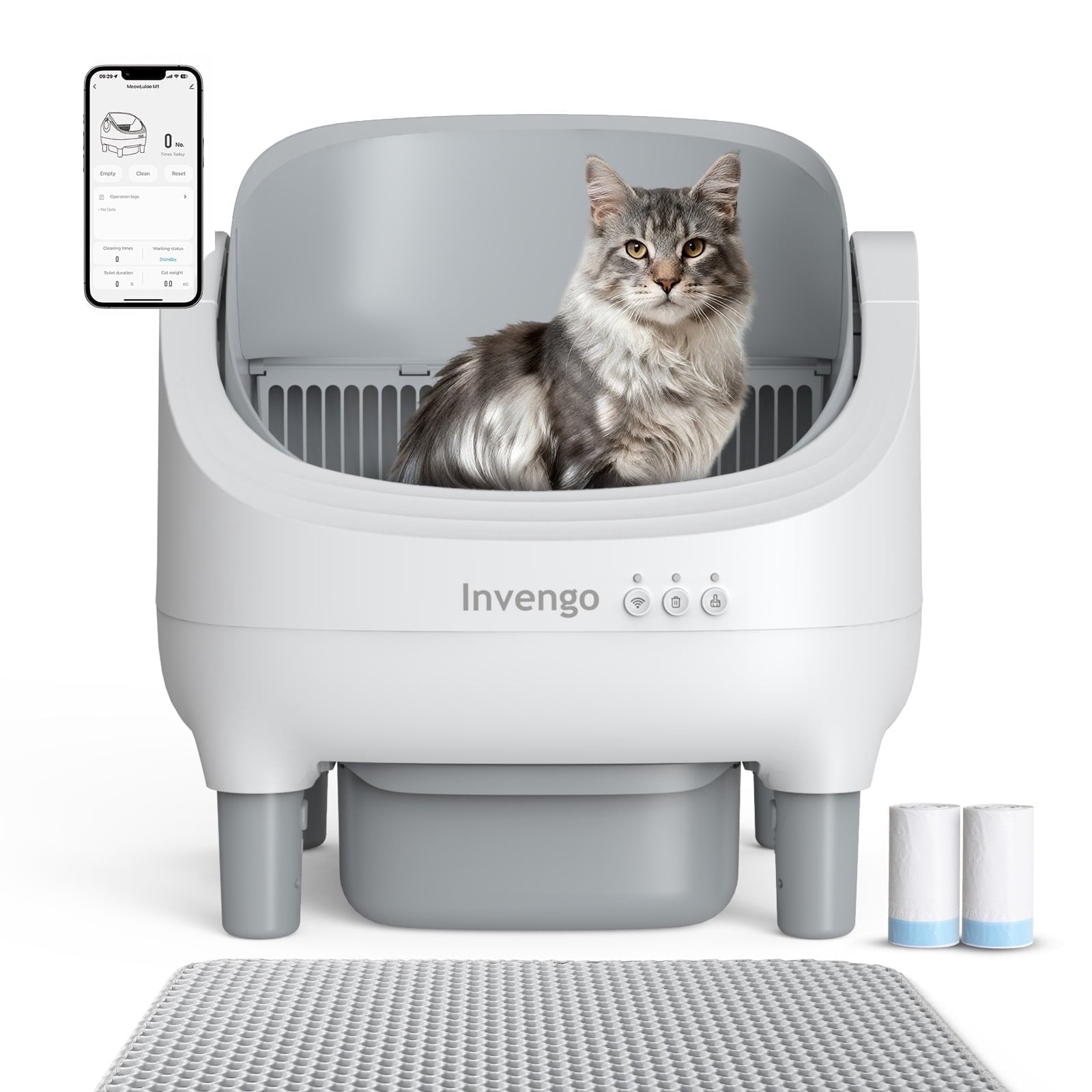 Automatic Open-Top Self-Cleaning Cat Litter Box -App Control, Safe Alert, Smart Health Monitor, Includes 2 Liners & Mat, Multi-Cat Friendly, Gray