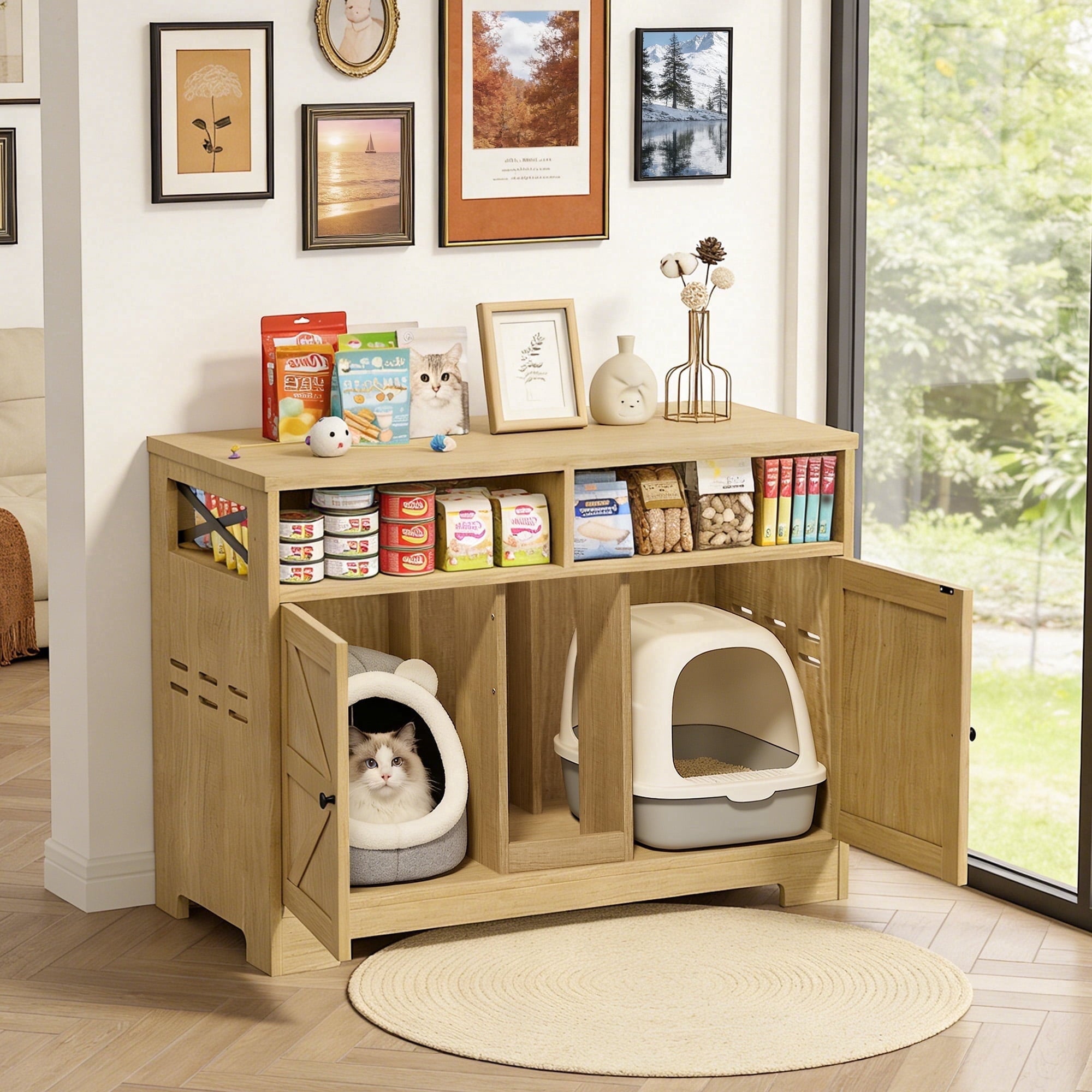 CATLK Cat Litter Box Enclosure - Hidden Litter Box Furniture Cabinet with Storage for 2 Cats, Multi-Functional Cat Litter Box Washroom, Brown