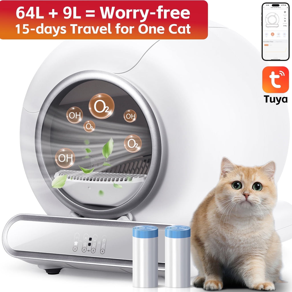 Self Cleaning Cat Litter Box,  65L+9L Automatic Cat Litter Box for Milti Cats w/ 2 Roll Liners, Smart APP Control, Health Monitoring, Odor Removal, 2 Sensor Safety Protection, Whisper Quiet