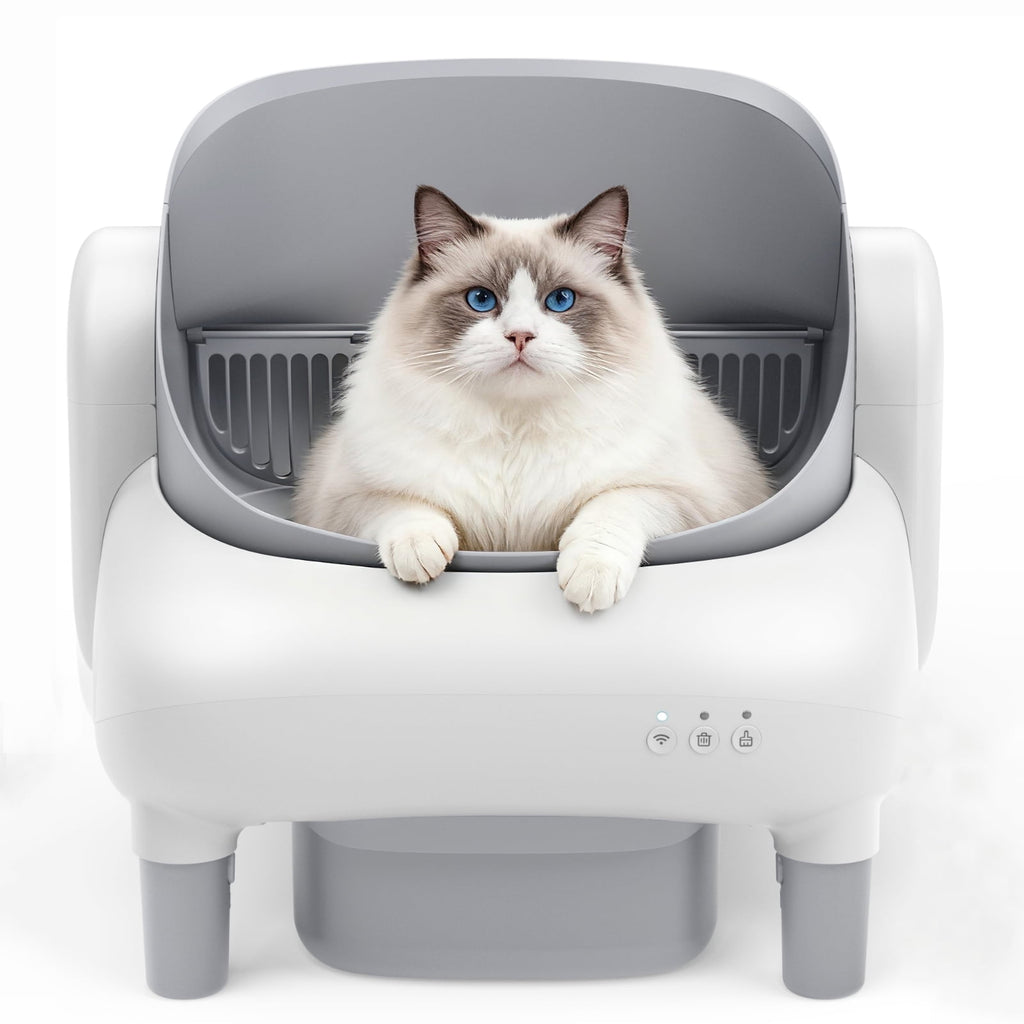 Self Cleaning Litter Box, 95 L Automatic Cat Litter Box Self Cleaning for Multiple Cats, with Safety Protection, App Control,1 Roll Garbage Bags,White & Grey