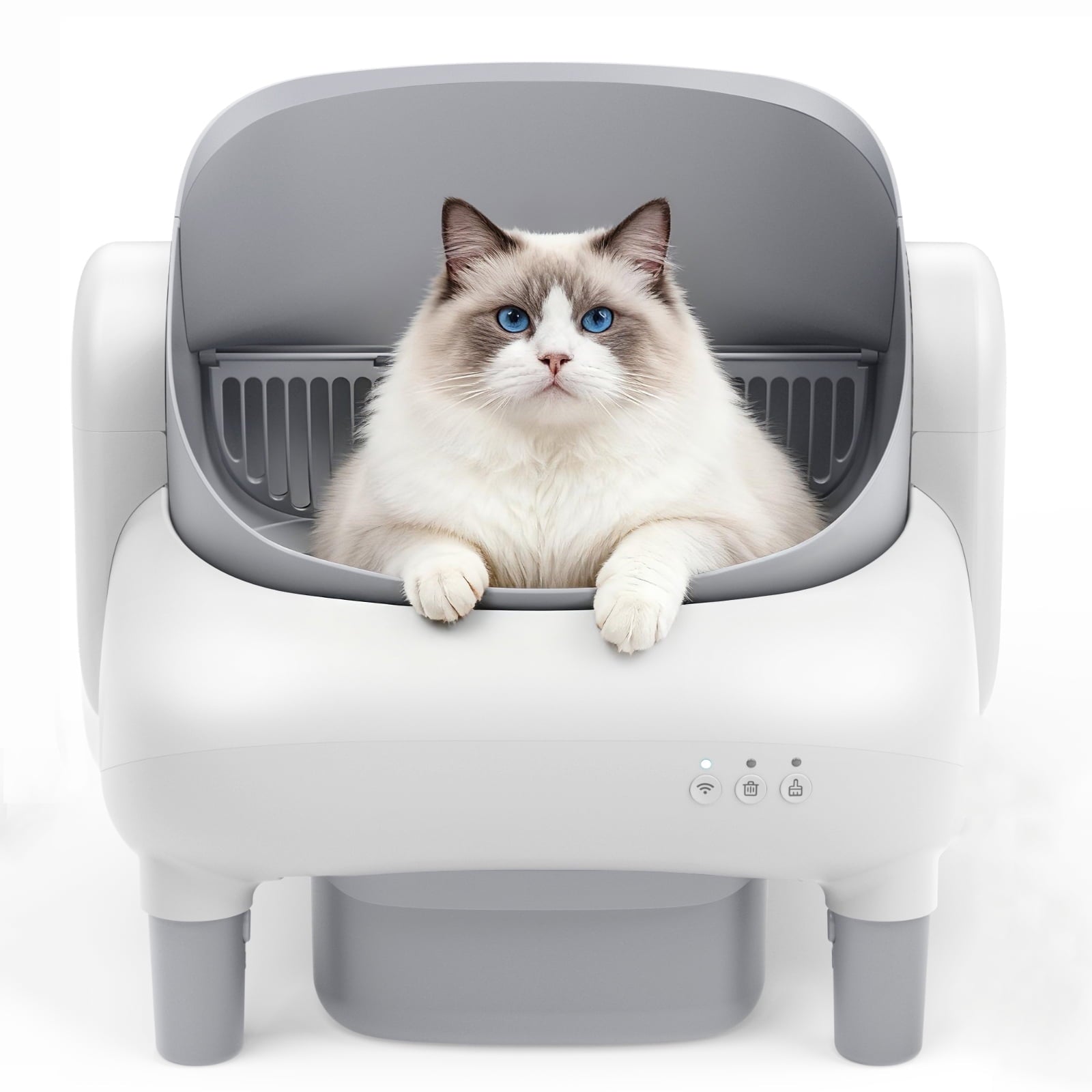 Self Cleaning Litter Box, 95 L Automatic Cat Litter Box Self Cleaning for Multiple Cats, with Safety Protection, App Control,1 Roll Garbage Bags,White & Grey