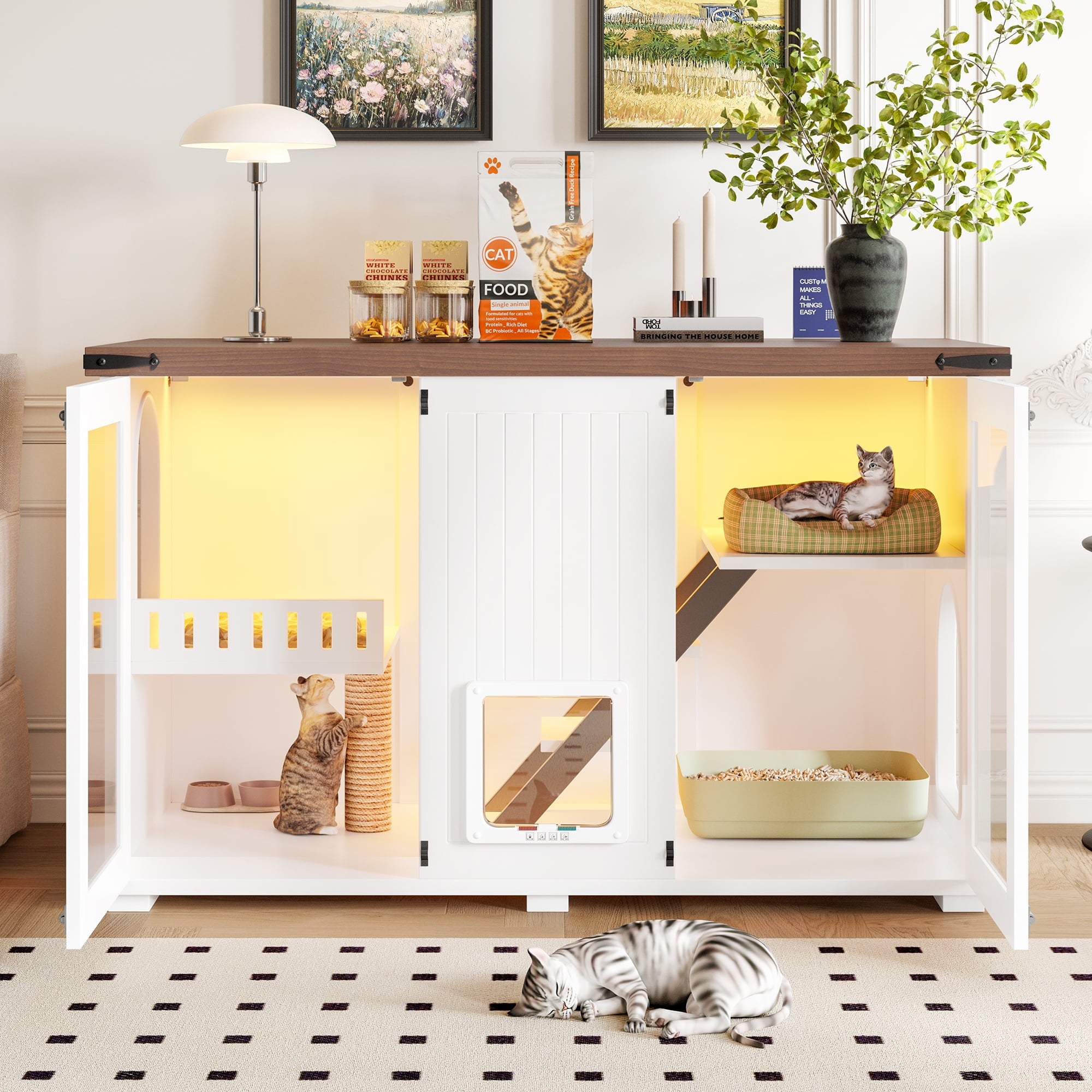 Euroco Multifunctional Enclosed Cat Litter Box Furniture with Smart Locking Door, Acrylic Window, LED Light & Platforms – Hidden Litter Cabinet