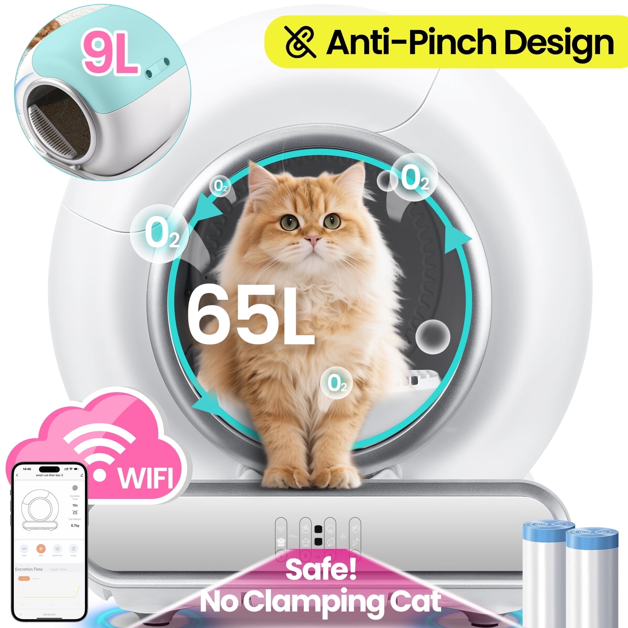 FaayFian Self Cleaning Cat Litter Box with APP Control, 65+9L Large Litter Box, Automatic Cat Litter Box, Safety Protection, Odor Removal, Litter Box with 2 Rolls Liners