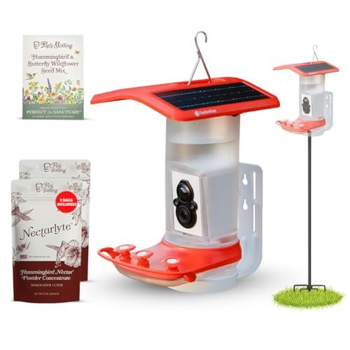 FeatherSnap Smart Hummingbird Feeder with HD Camera  WiFi Solar Bird Feeder with Motion Sensor, App Alerts, Live Video & Photo Capture  1L Nectar Capacity with Pole Stand & Seed Mix