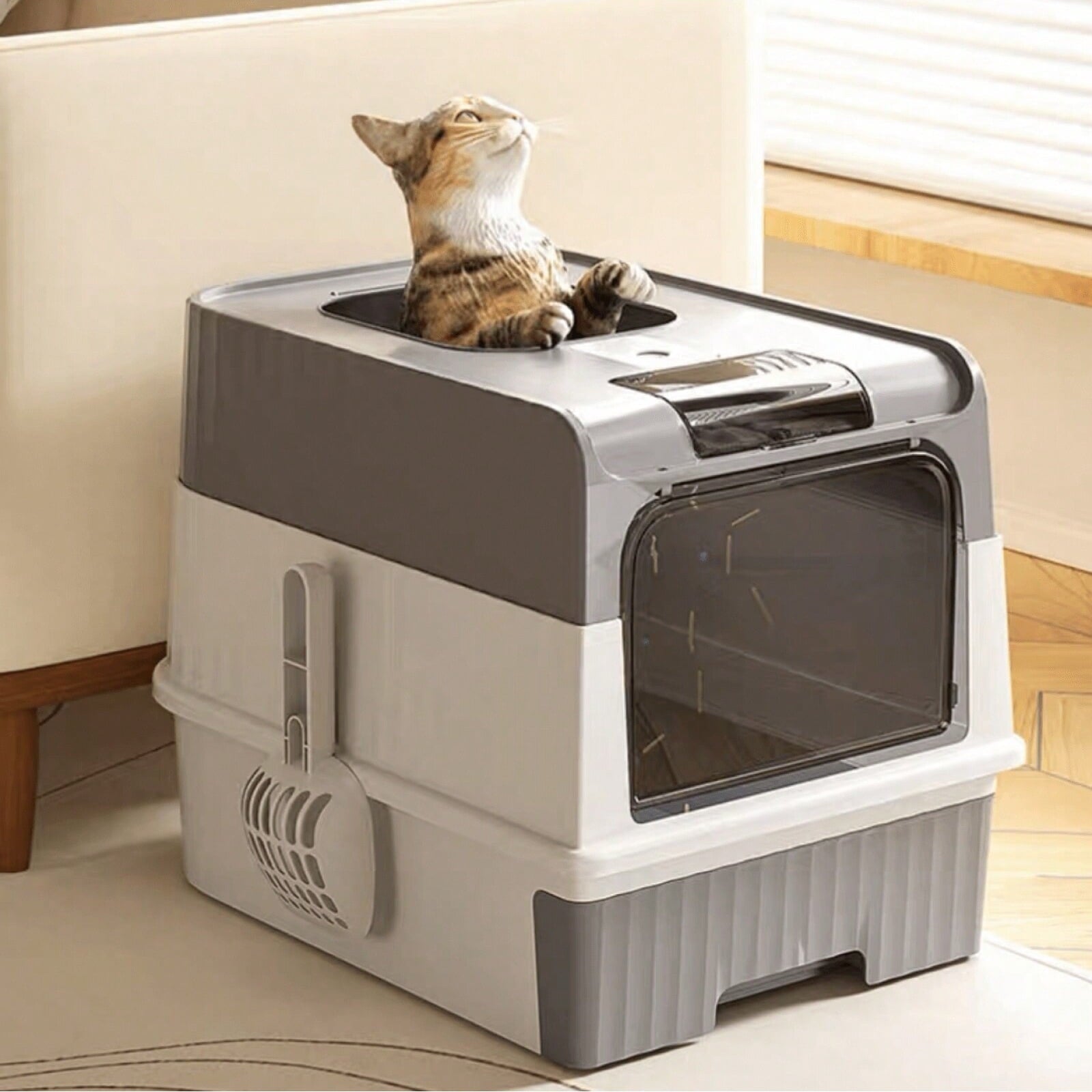 Fully enclosed cat litter box, drawer cat litter box design, reduce odor and cat litter splash, cats can enter from the bottom door and exit from the top, recommended for cats under 6kg/13 pounds