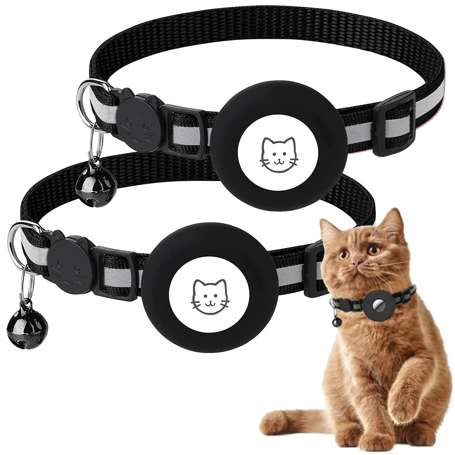 IC ICLOVER 2 Pack Breakaway Airtag Cat Collar, Reflective Kitten Strap with Air Tag Case and Bell for Cat Kitten and Extra Small Dog, Black
