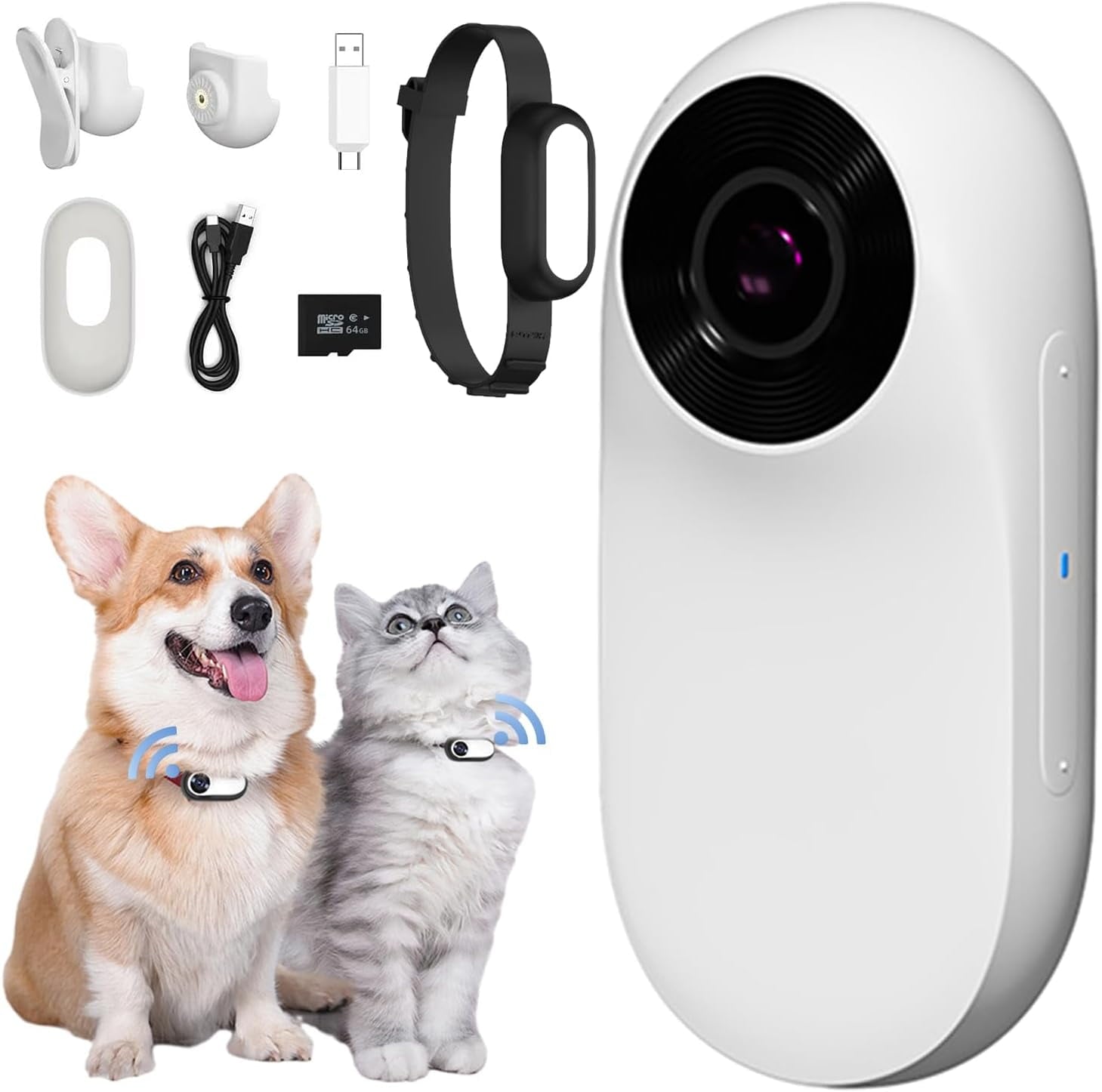 MANON ROSA Pet Collar Camera, Mini Action Camera with 64G SDCard, HD1080P Wireless Dog Cat Collar Camera for Video Records Tracker Monitor, Supports USB& OTG Connection (White)