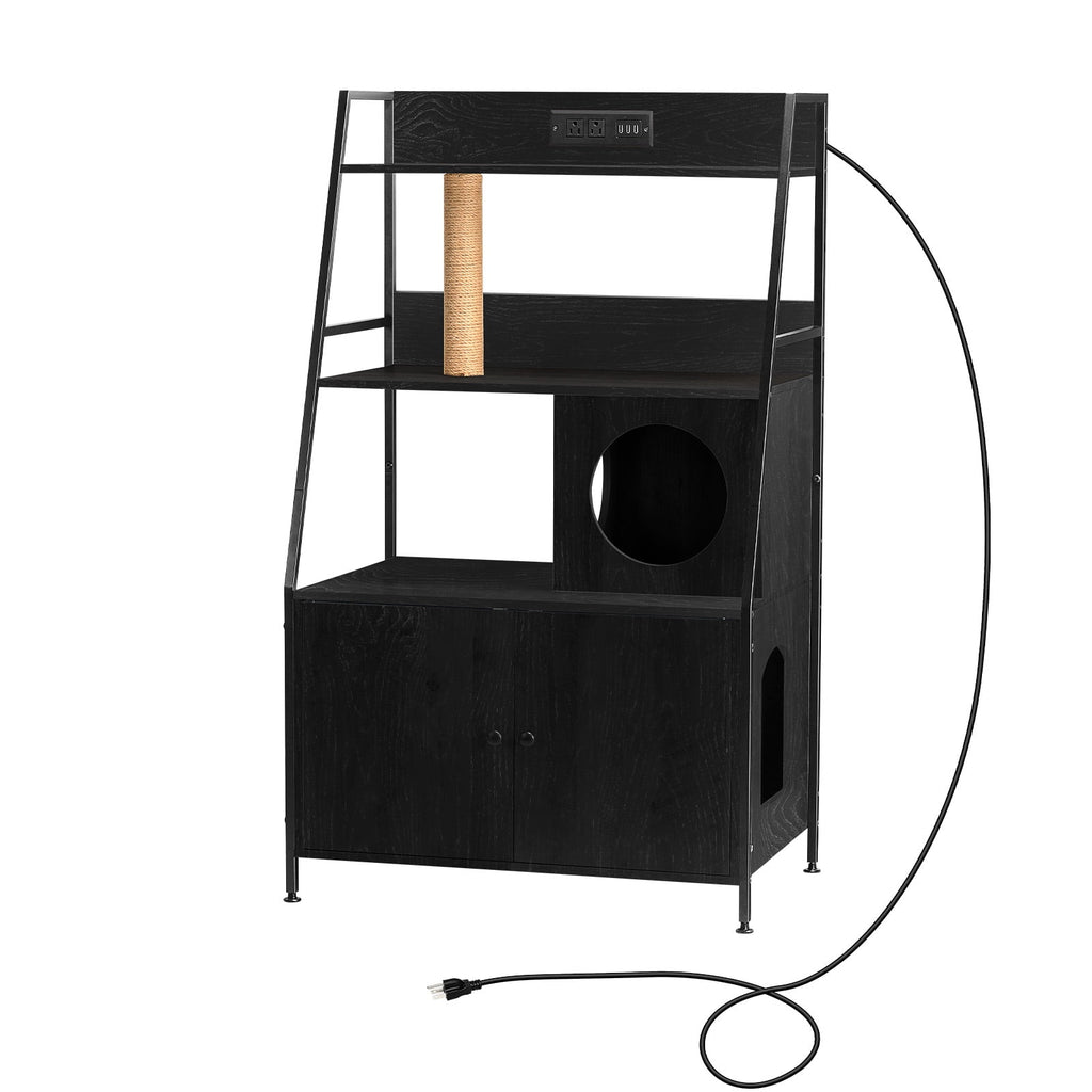 Oumilen Modern Black Nightstand with Hidden Litter Box and Charging Station