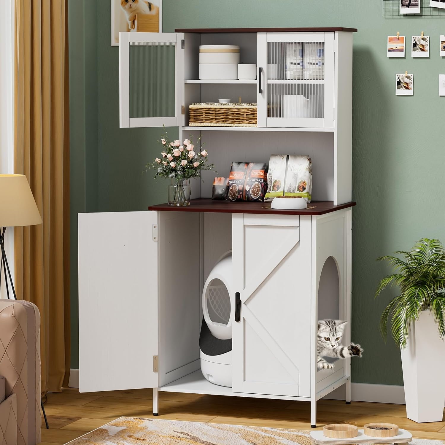 PAKASEPT Cat Litter Box Enclosure Furniture for Self-Cleaning Cat Litter Box, Litter Box Furniture with Shelves and Doors for Large Smart Litter Box