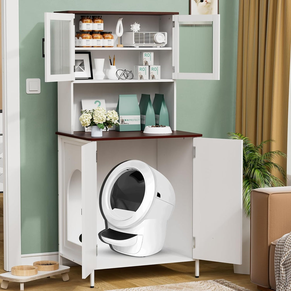 PakaLife Cat Litter Box Enclosure Furniture for Self-Cleaning Litter Box, Wood Cat Washroom Furniture with Cabinet, Shelves and Doors for Large Smart Litter Box