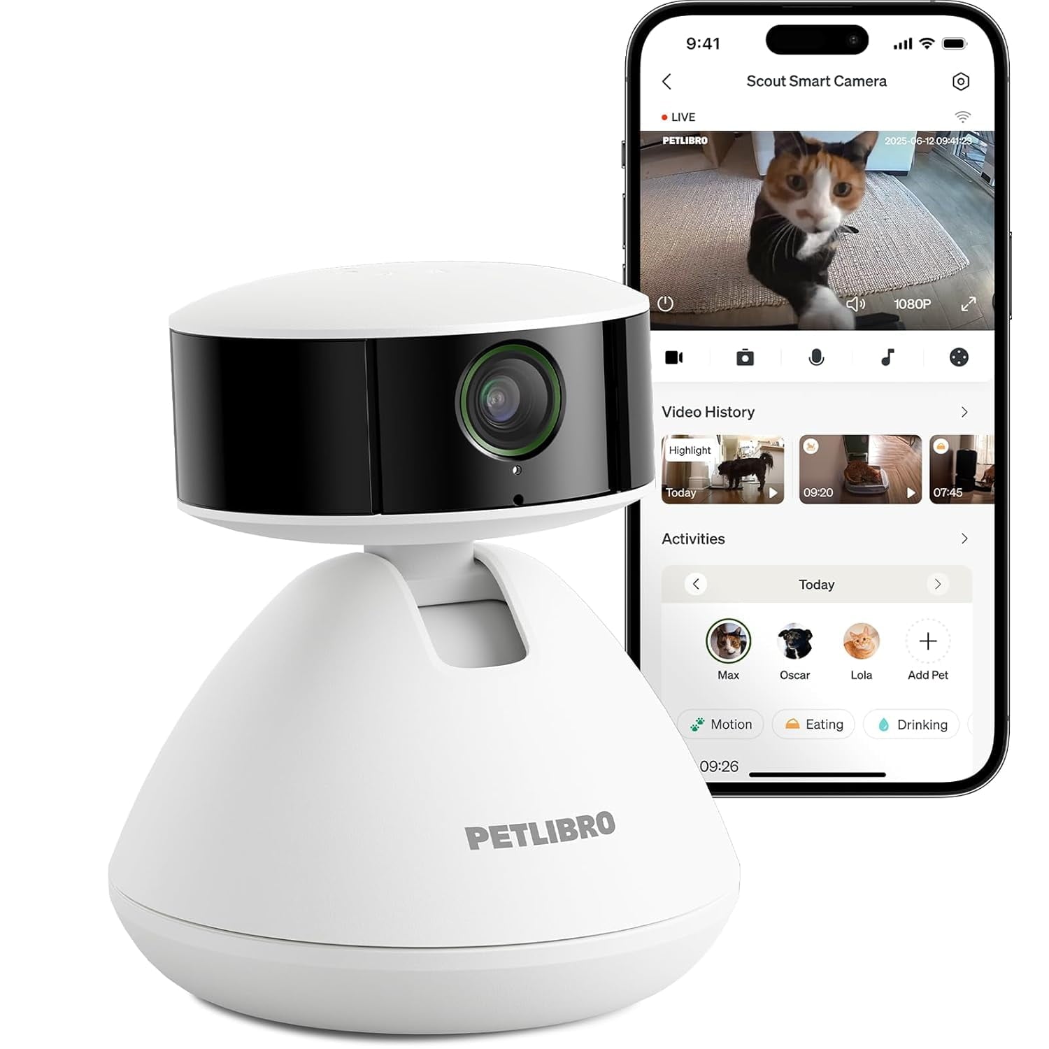 Petlibro AI-Powered Pet Camera Indoor with Phone App for Multi-Pet Recognition, Activity Tracking&Smart Summaries Dog Camera, 360°View Cat Camera with Auto Pet Highlights Reels, 2-Way Talk WiFi Cam