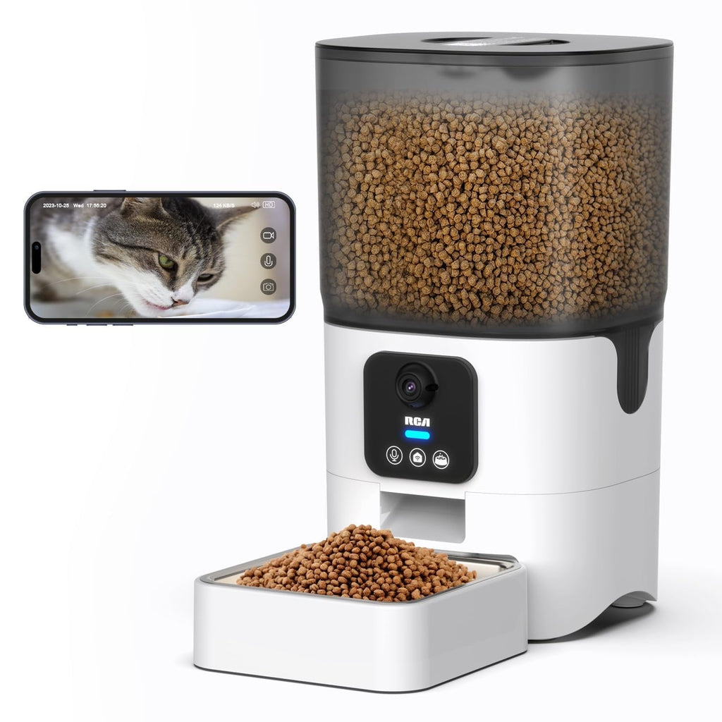 RCA Cat & Dog Pet Feeder with HD 1080p Camera, Real-Time Two-Way Audio, Monitoring, Motion Detection, Night Vision, Compatible with Alexa & Google Assistant - 6L Capacity, Dishwasher Safe Bowls…