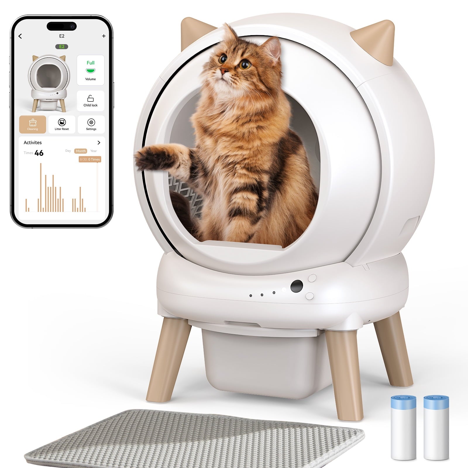 Self Cleaning Litter Box - E2 Automatic Cat Litter Box Large Smart Self Cleaning Robot for Cats,Double Safety Protection,App Control,2 Roll Garbage Bags & Mat