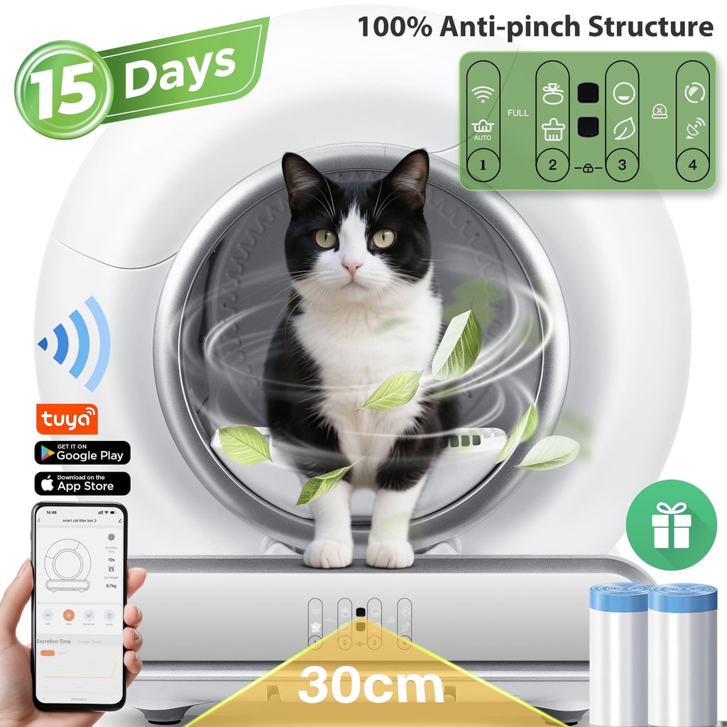 Smart Automatic Self-Cleaning Cat Litter Box for Multi-Cat w/ App Control, Dual Safety Protection, Real-Time Health Tracking, 65L+9L, Odor Removal Cat Litter Box with 2 Roll Liners
