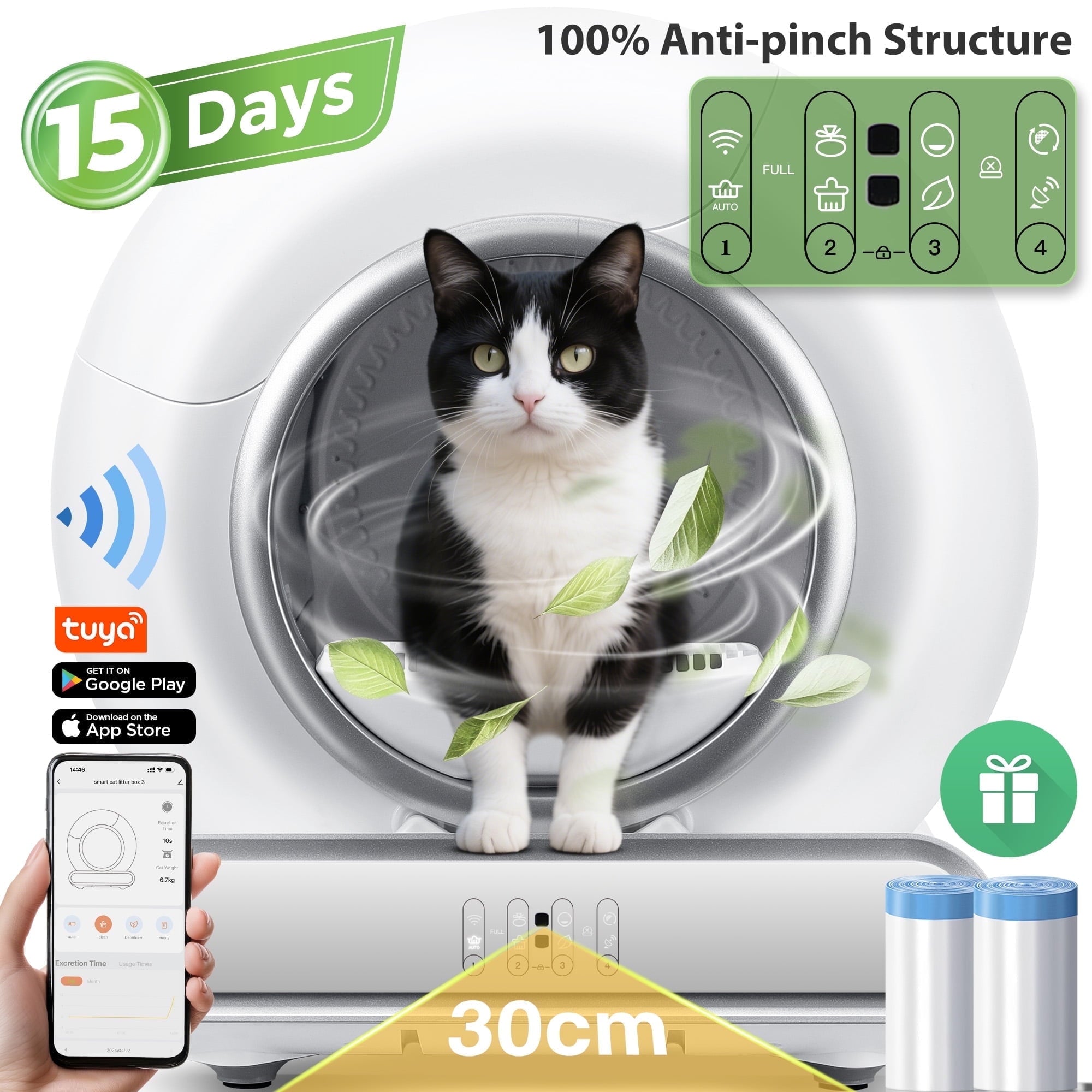 Smart Automatic Self-Cleaning Cat Litter Box for Multi-Cat w/ App Control, Dual Safety Protection, Real-Time Health Tracking, 65L+9L, Odor Removal Cat Litter Box with 2 Roll Liners