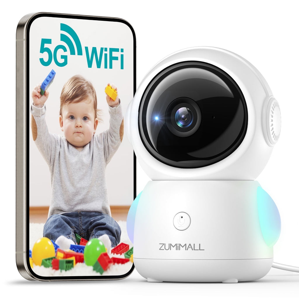 ZUMIMALL Security Camera Indoor, 5G/2.4G WiFi Baby Monitor with Camera and Audio, 2K Wired Pet Camera for Home Security, One-Click Call, Auto Tracking, Cry/PIR/AI Detection, Alexa/ONVIF/Cloud