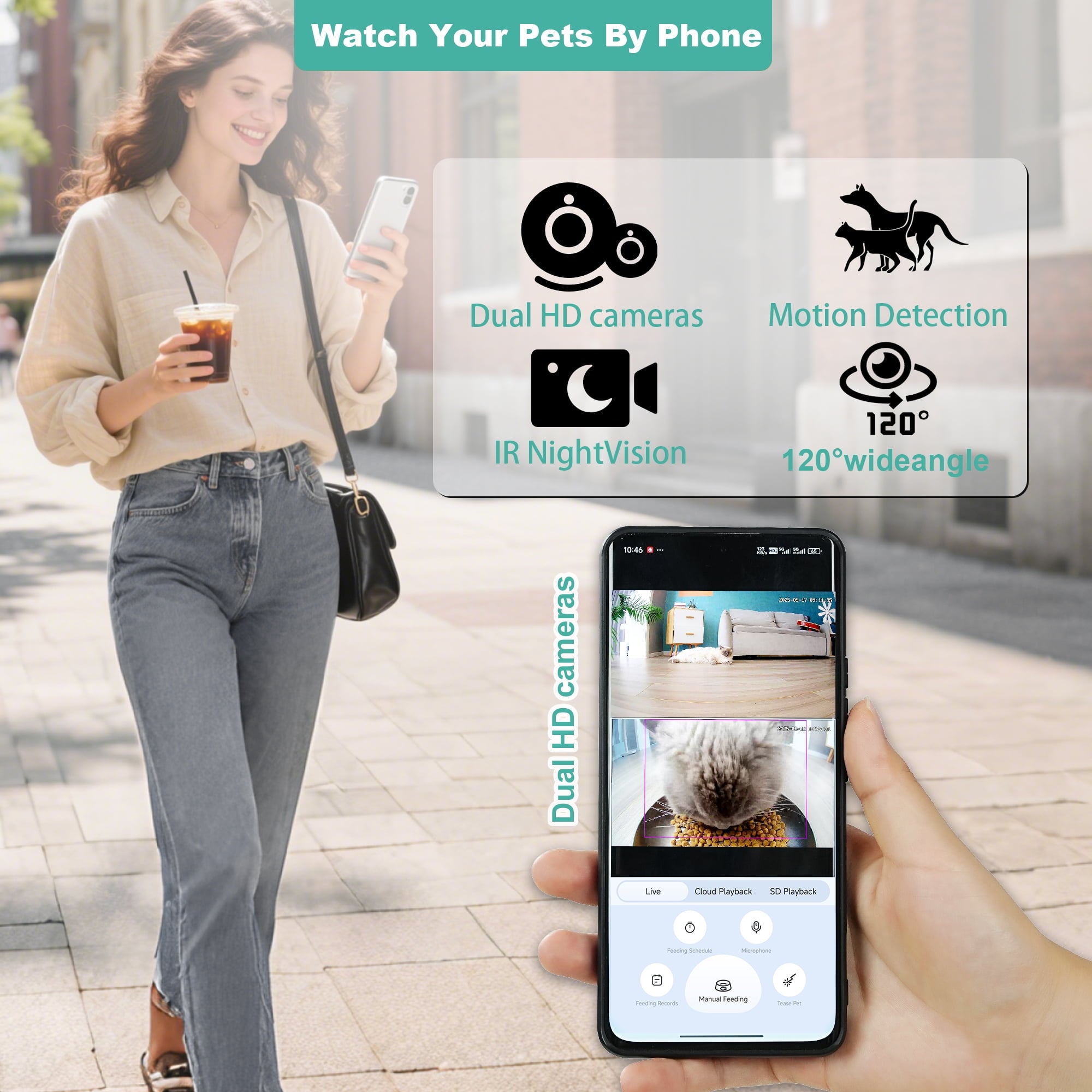 Automatic Cat Feeder with Dual HD Camera, 5G&2.4G WiFi Pet Feeders with App control laser interactive Toy Treat and Ai sensor.