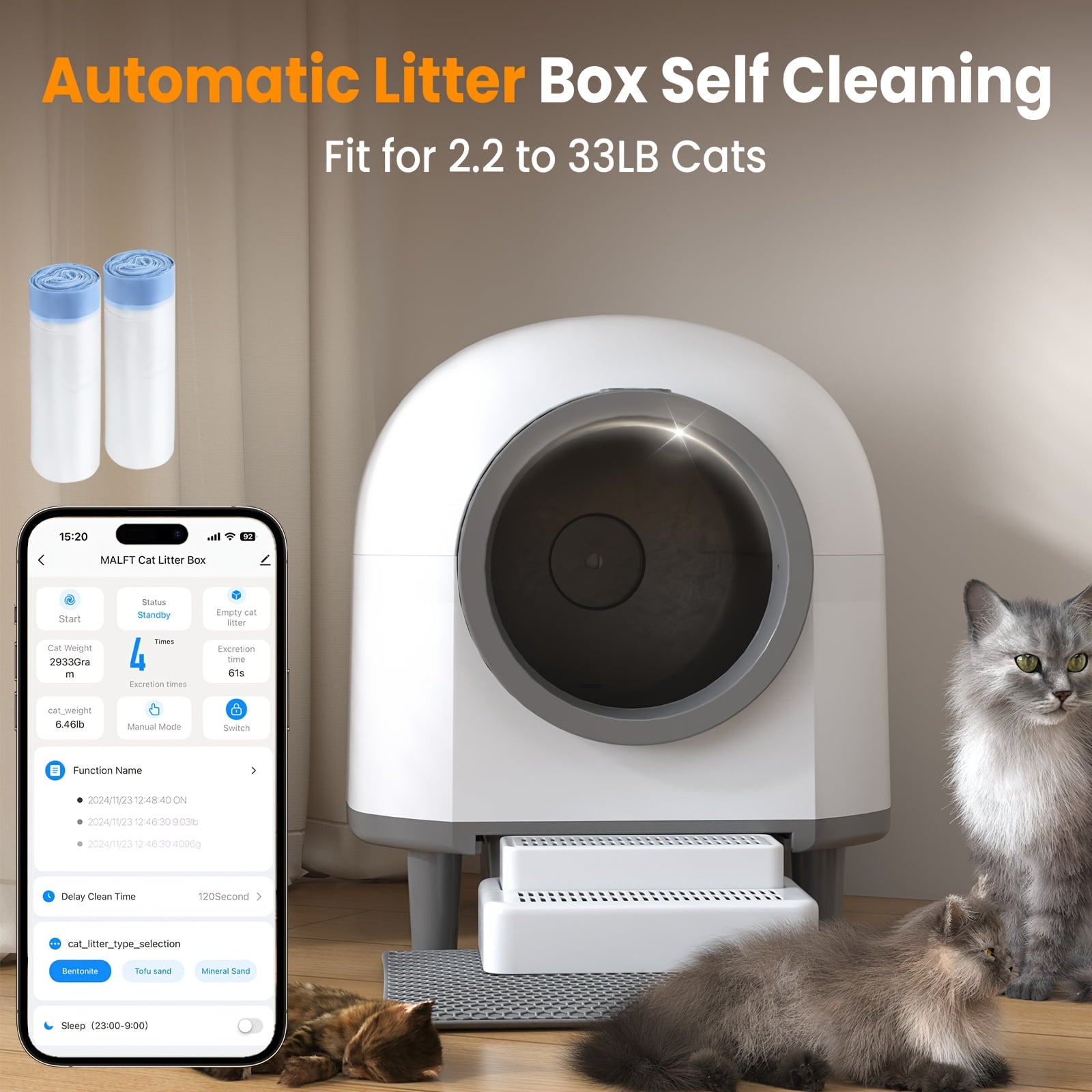 23.78gal Extra Large Self-Cleaning Automatic Cat Litter Box - Triple Safety Protection, Ultra Odor Removal & App Control, 2.64gal Waste Disposal, Step-Up & Mat, Corded (No Battery)