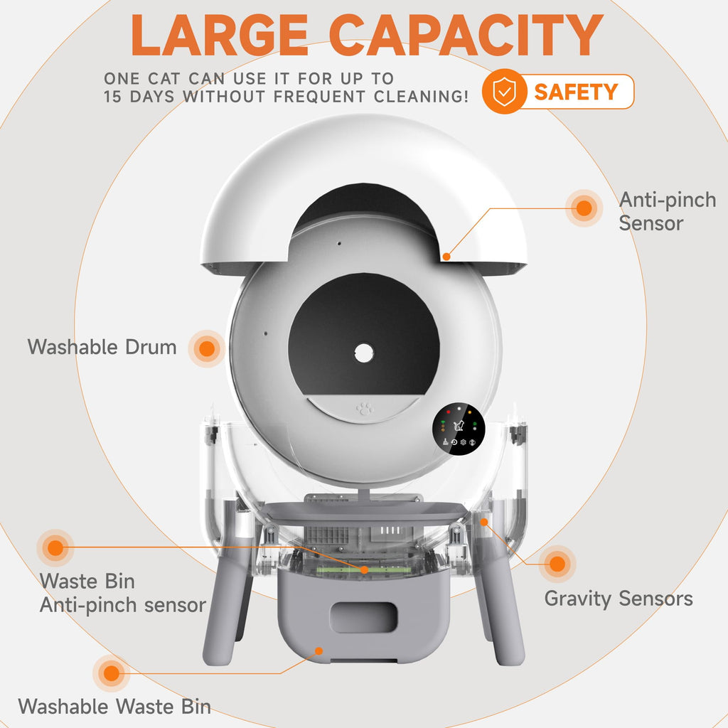 Self Cleaning Cat Litter Box, Automatic Litter Box w/ Liner,with 1 Roll Trash Bags, Dual Sensor Protection for Multi Cat, APP+ Panel Control, Odor Removal, Large Capacity Litter Box