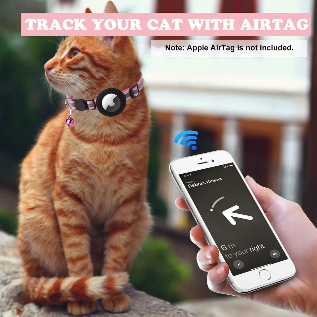 Airtag Pet Collar Breakaway with Bell, Reflective Collar with Waterproof Airtag Holder Tracker Pet Collars for Kittens And Puppies (Pink)