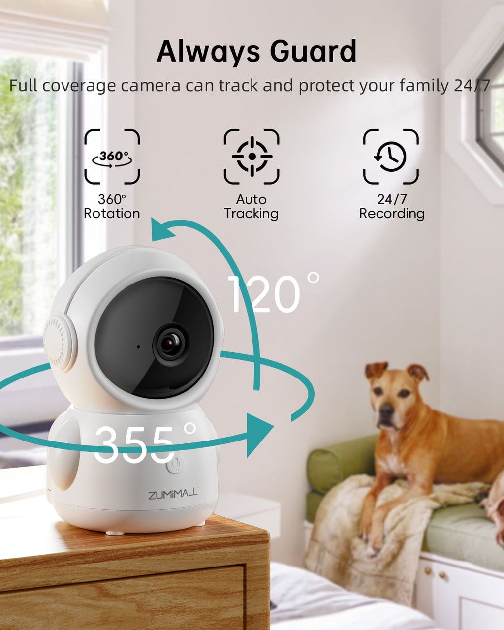 ZUMIMALL Security Camera Indoor, 5G/2.4G WiFi Baby Monitor with Camera and Audio, 2K Wired Pet Camera for Home Security, One-Click Call, Auto Tracking, Cry/PIR/AI Detection, Alexa/ONVIF/Cloud