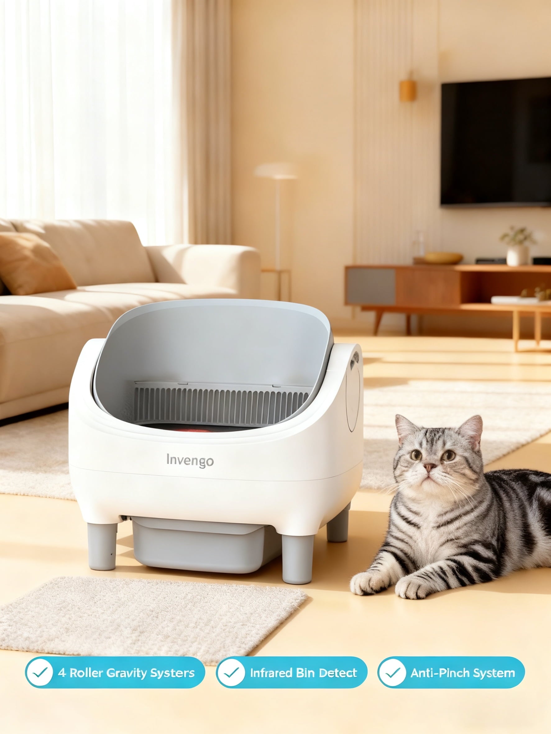 Automatic Open-Top Self-Cleaning Cat Litter Box -App Control, Safe Alert, Smart Health Monitor, Includes 2 Liners & Mat, Multi-Cat Friendly, Gray
