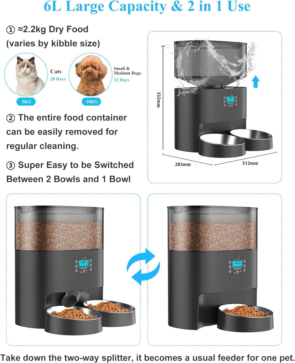 HoneyGuaridan 6L Automatic Cat Feeder for 2 Cats, 2.4G WiFi Enabled Smart Feed Pet Feeder for Dogs, Timed Pet Food Dispenser with Stainless Steel Bowl APP Control, 10s Voice Black