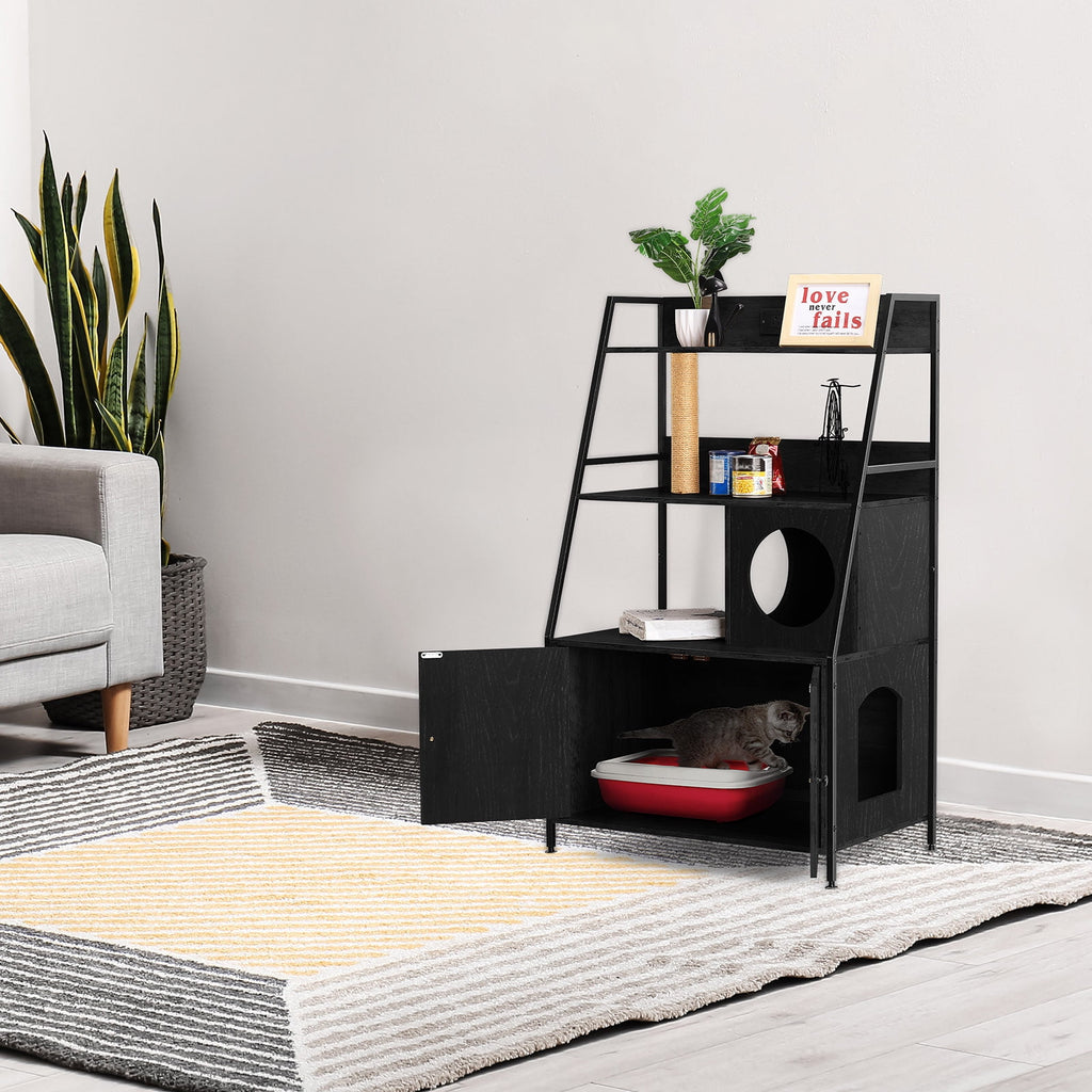 Oumilen Modern Black Nightstand with Hidden Litter Box and Charging Station