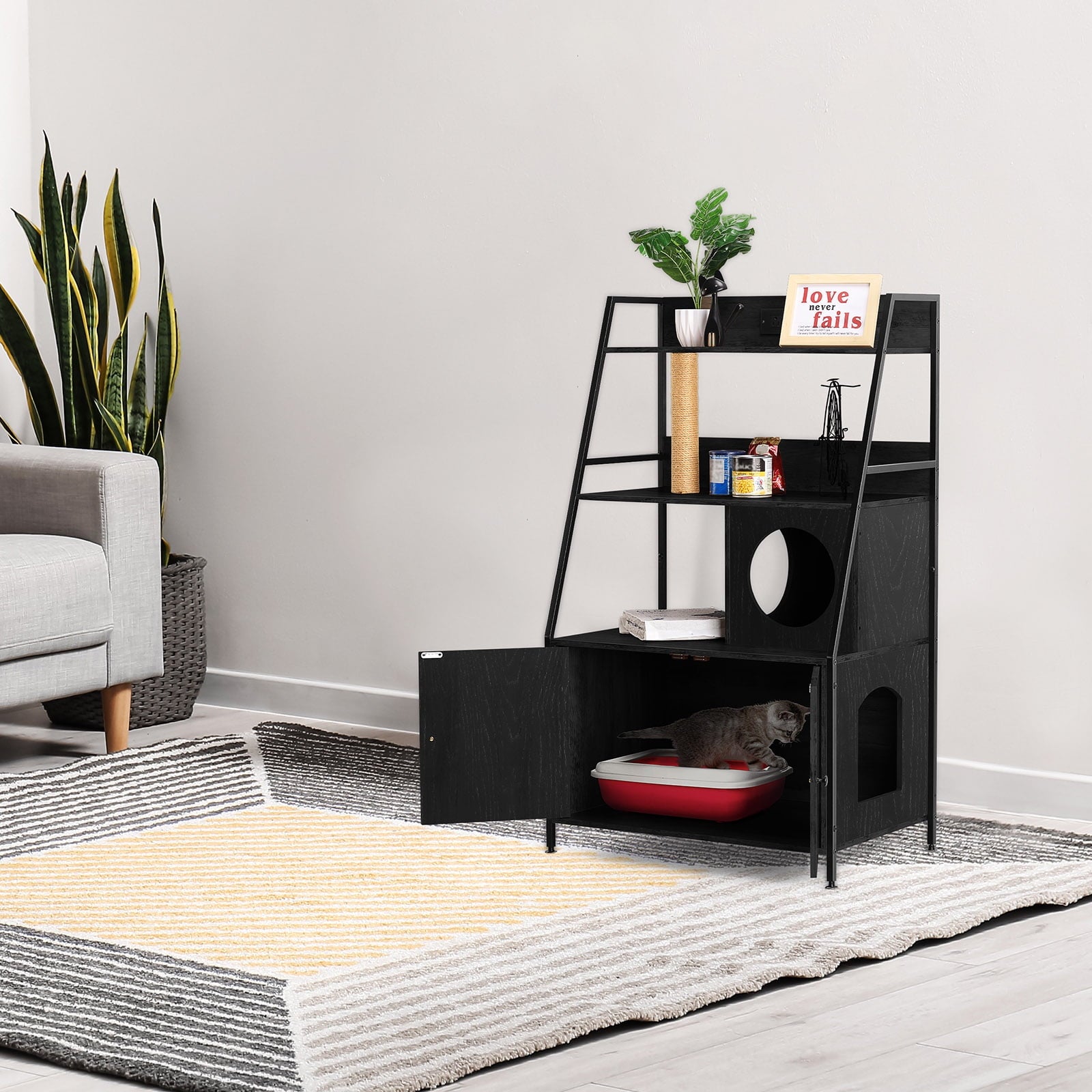 Oumilen Modern Black Nightstand with Hidden Litter Box and Charging Station