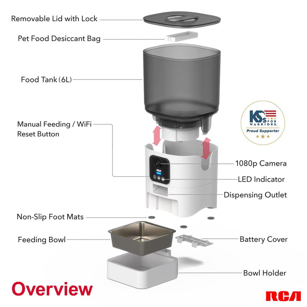 RCA Cat & Dog Pet Feeder with HD 1080p Camera, Real-Time Two-Way Audio, Monitoring, Motion Detection, Night Vision, Compatible with Alexa & Google Assistant - 6L Capacity, Dishwasher Safe Bowls…