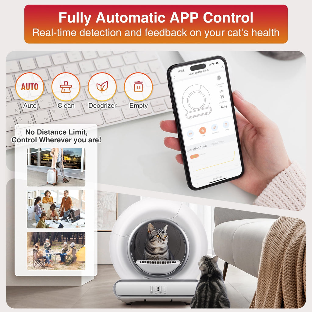 Smart Automatic Self-Cleaning Cat Litter Box for Multi-Cat w/ App Control, Dual Safety Protection, Real-Time Health Tracking, 65L+9L, Odor Removal Cat Litter Box with 2 Roll Liners