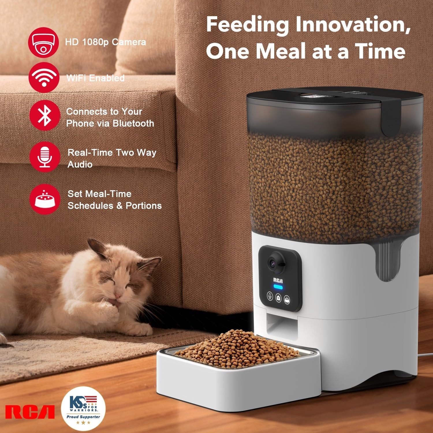 RCA Cat & Dog Pet Feeder with HD 1080p Camera, Real-Time Two-Way Audio, Monitoring, Motion Detection, Night Vision, Compatible with Alexa & Google Assistant - 6L Capacity, Dishwasher Safe Bowls…