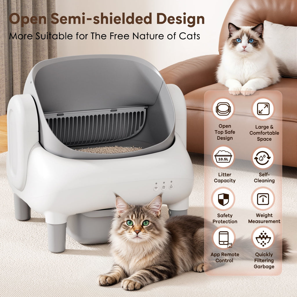 Self Cleaning Litter Box, 95 L Automatic Cat Litter Box Self Cleaning for Multiple Cats, with Safety Protection, App Control,1 Roll Garbage Bags,White & Grey