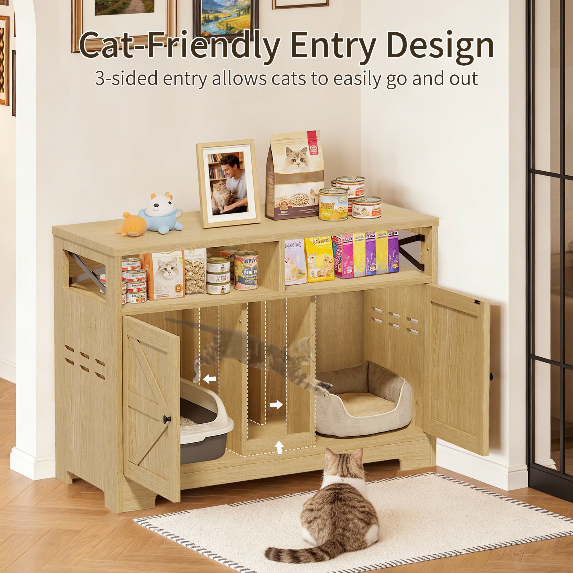 CATLK Cat Litter Box Enclosure - Hidden Litter Box Furniture Cabinet with Storage for 2 Cats, Multi-Functional Cat Litter Box Washroom, Brown