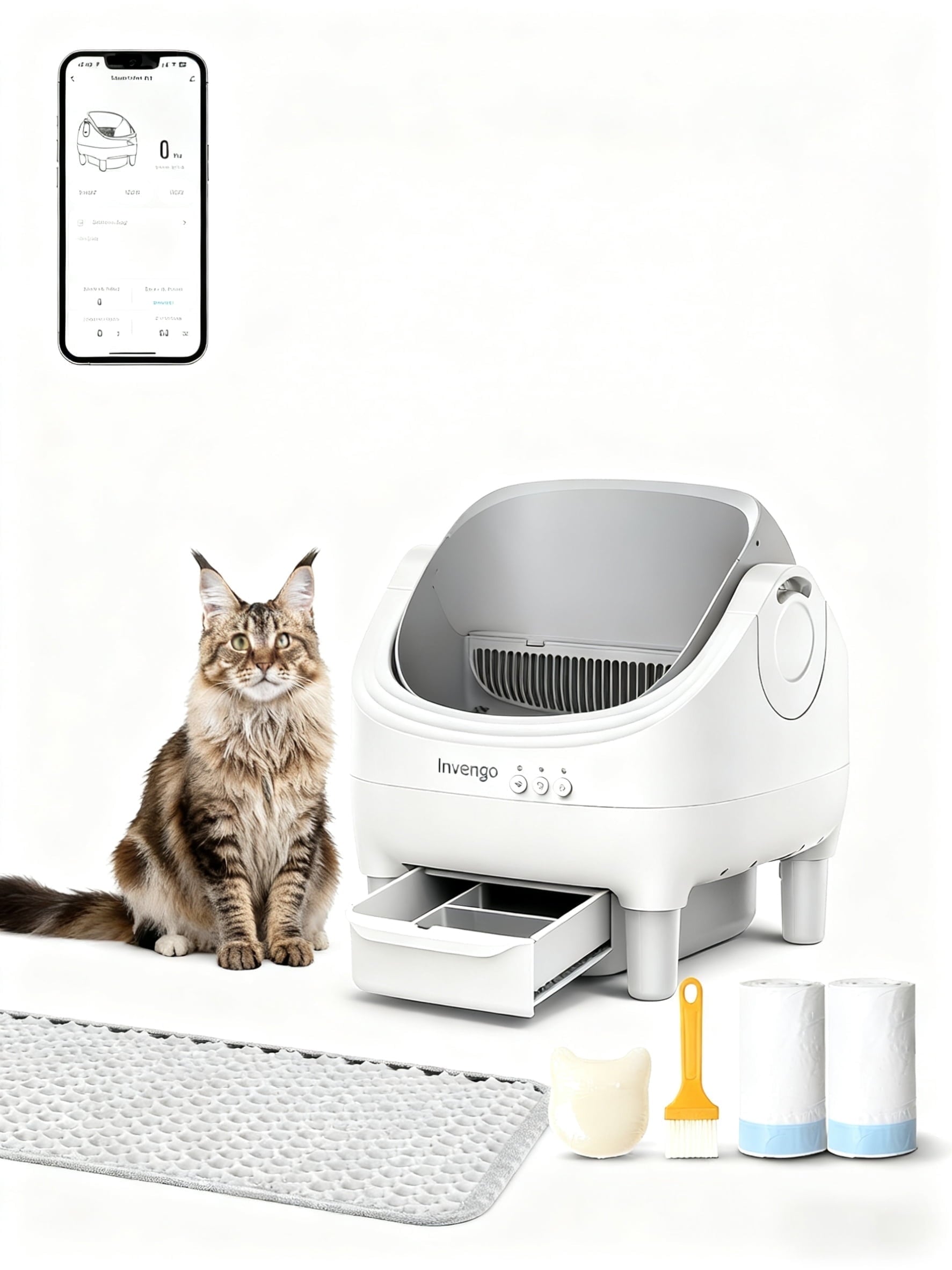 Automatic Open-Top Self-Cleaning Cat Litter Box -App Control, Safe Alert, Smart Health Monitor, Includes 2 Liners & Mat, Multi-Cat Friendly, Gray