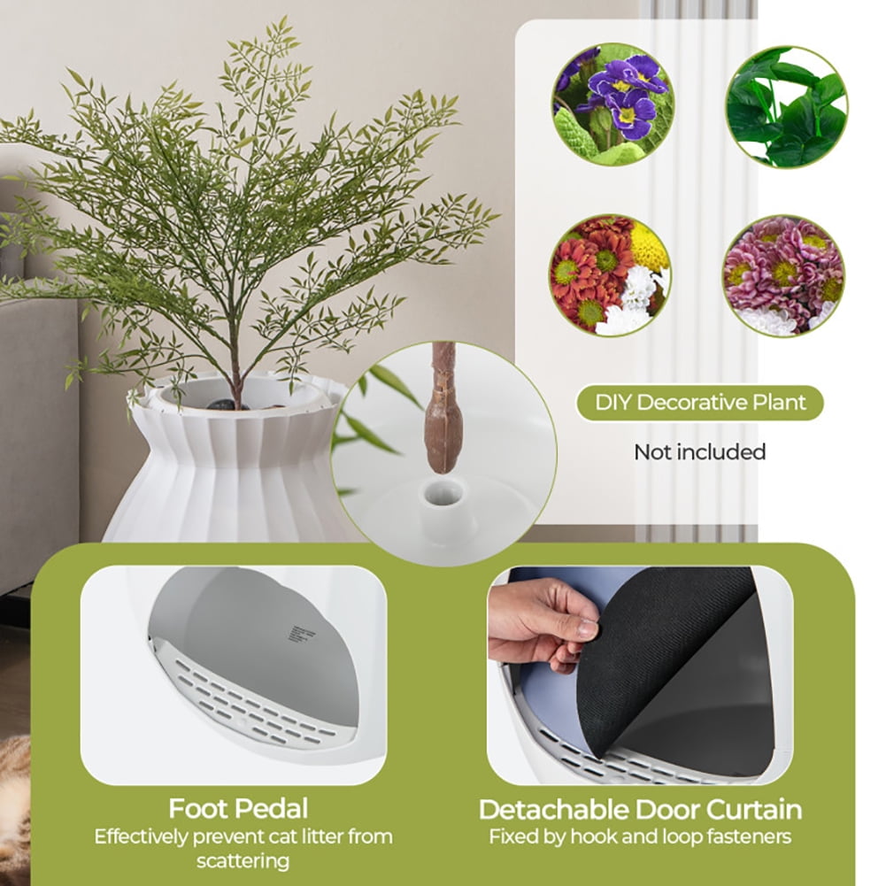 Barara King Cat Litter Box Enclosure, Hidden Cat Litter Box, Smart Plant Cat Litter Box with Electronic Odor Removal and Sterilization-White