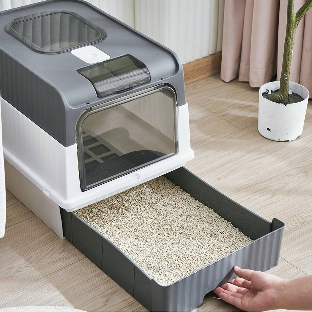 Fully enclosed cat litter box, drawer cat litter box design, reduce odor and cat litter splash, cats can enter from the bottom door and exit from the top, recommended for cats under 6kg/13 pounds
